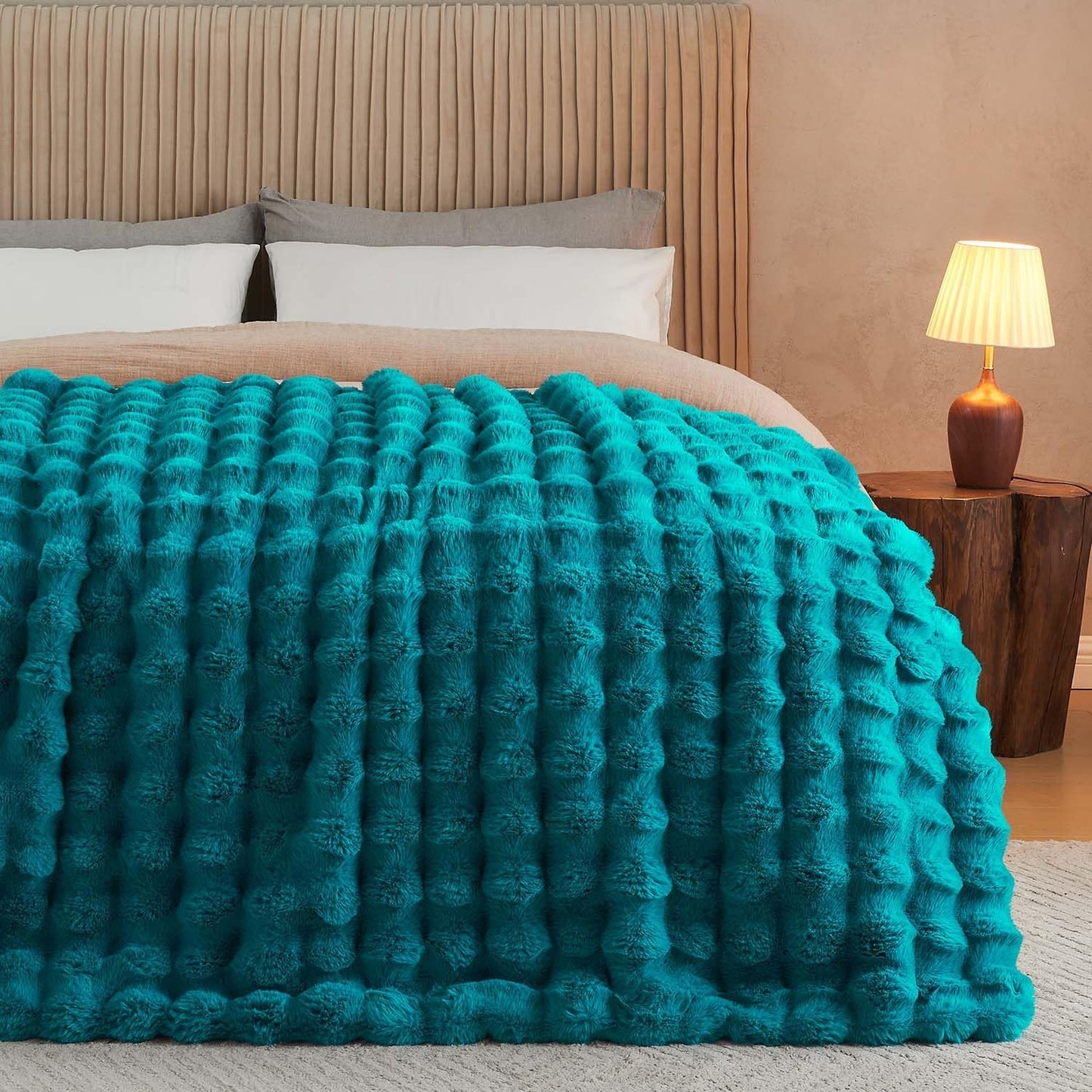 Lotus Karen Faux Fur Teal Throw Blanket - Big Bubble Rabbit Fluff Blanket for Couch Bed Sofa,Softest Fluffy Fuzzy Cozy Blanket,Thick Furry Plush Shaggy Warm Blankets for Women,50x60 Inches