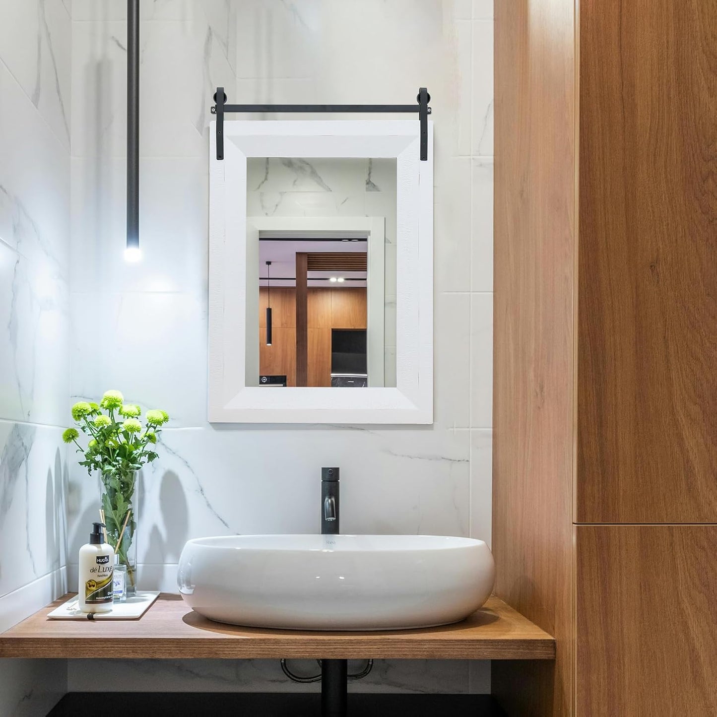 ALBAD Farmhouse Wood Framed Wall Mirror, Natural Wood and Framed Wall Mounted Bathroom Vanity Mirror for Farmhouse Decor, Vertical or Horizontal Hanging