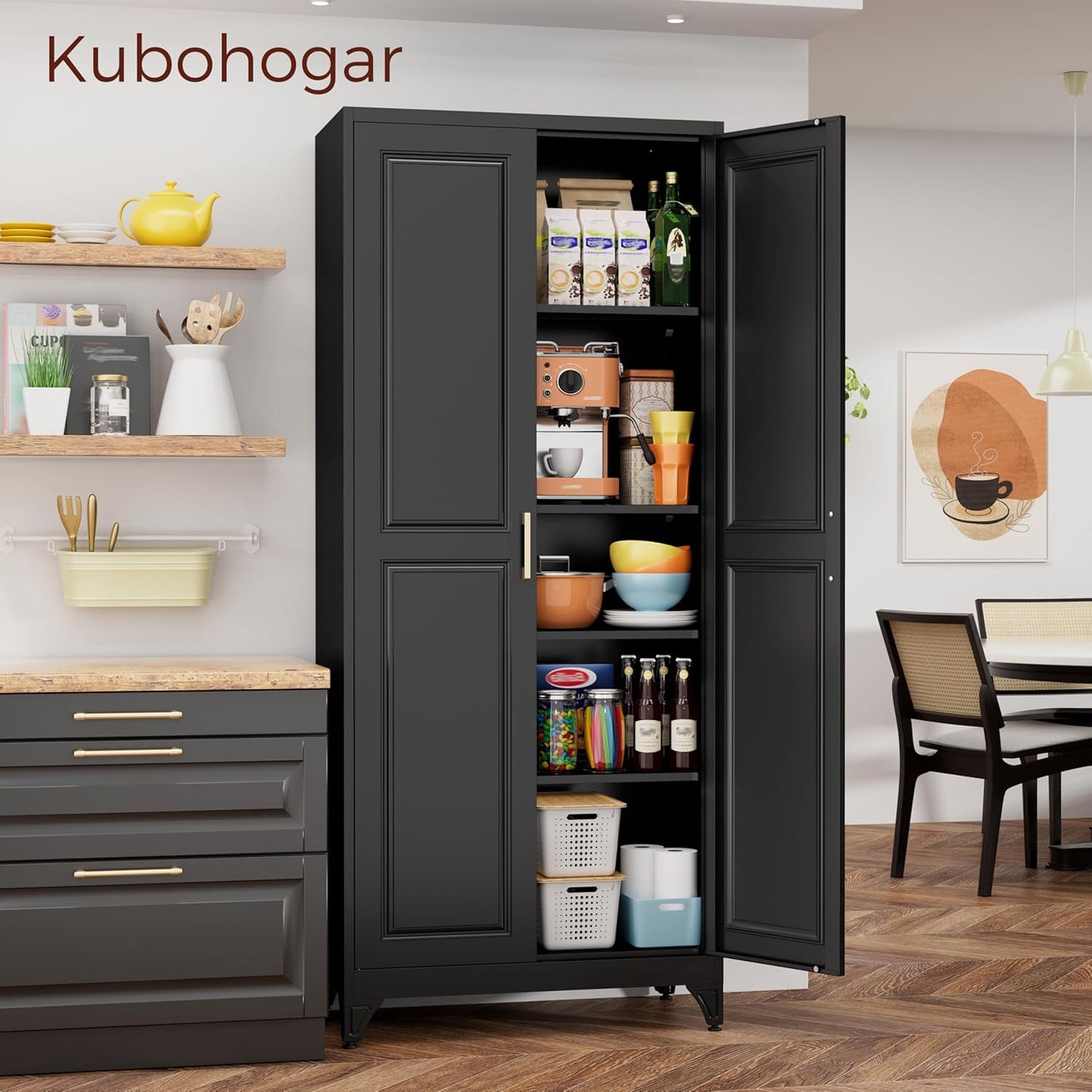 75" Kitchen Pantry Cabinet, Black Metal Storage Cabinets with 2 Doors and 4 Adjustable Shelves, Tall Pantry Storage Cabinet for Kitchen, Dining Room, Living Room