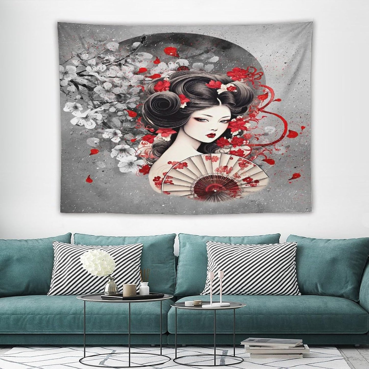 Japanese Geisha Tapestry Asian Red Cherry Blossom Red Sun Traditional Kimono Folk Tapestries Home Decor for Living Room Bedroom Apartment Farmhouse Dorm 80"x60"