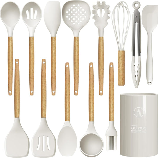 Silicone Cooking Utensils Set - 446°F Heat Resistant Silicone Kitchen Utensils for Cooking,Kitchen Utensil Spatula Set w Wooden Handles and Holder for Non-Stick Cookware, BPA FREE (Cream White)