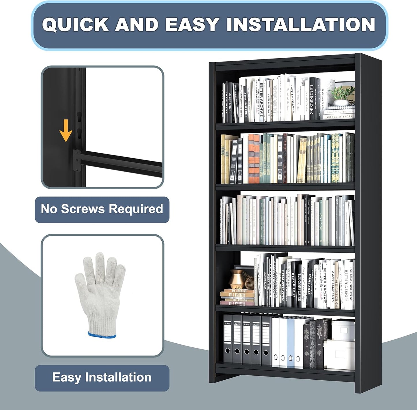 Bookshelf, 5 Shelf Bookcases, Tall Bookcase for Heavy Books, CDs, Movies, Garage Kit, Modern Display Shelf for Library Home Office Bderoom Living Room, Metal Bookshelves Industrial Black