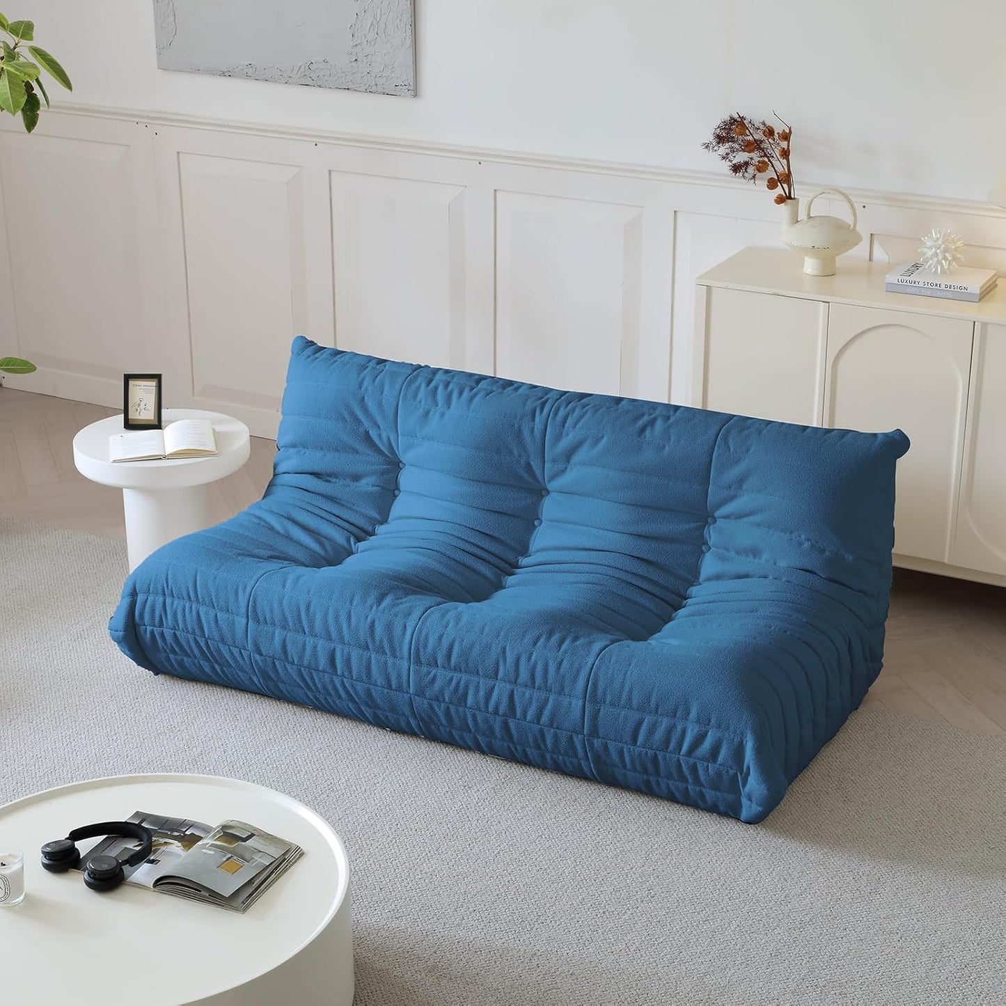 Luxury Sofa Couch Chair, Lazy Floor Seating, Fireside Bean Bag Chair, Ergonomic Tatami Sofa Lounger for Living Room, Bedroom, Office, 3 Seat, Blue