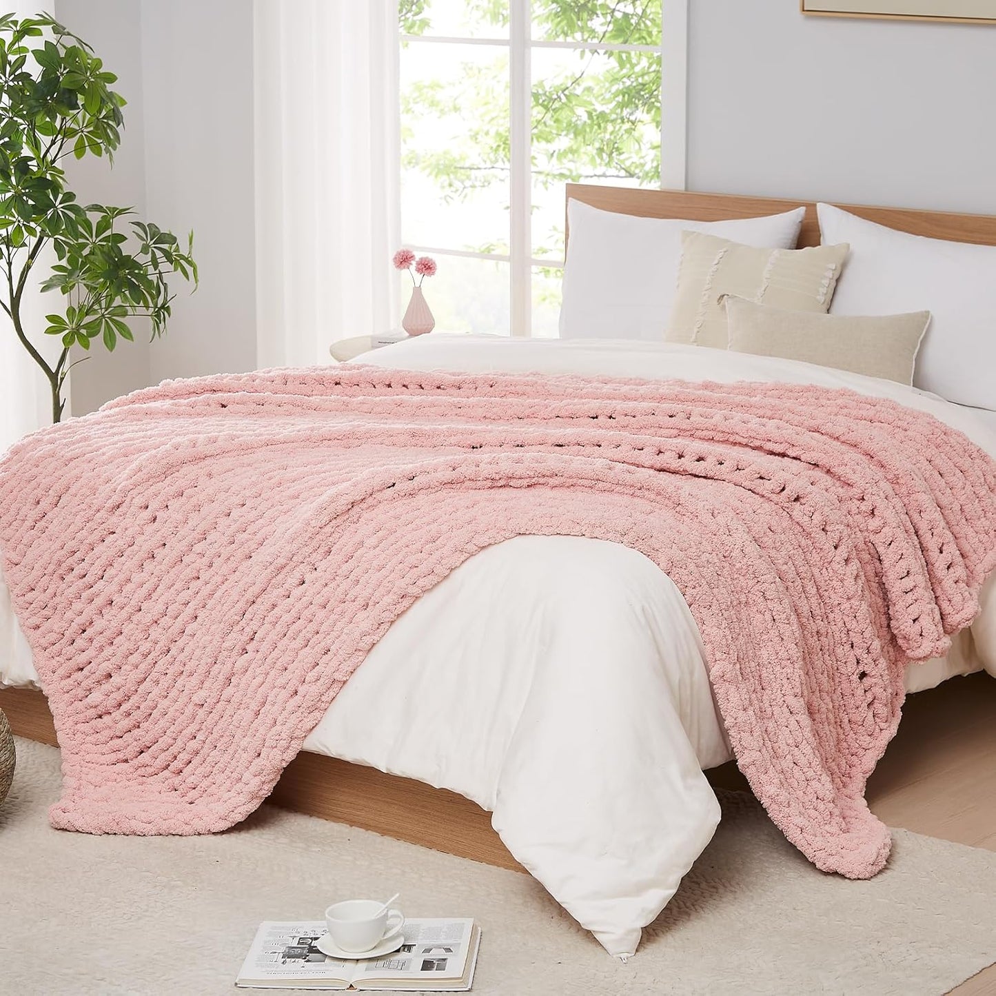 L'AGRATY Chunky Knit Blanket Throw - Soft Chenille Yarn Throw Blanket 60x80: Handmade Thick Cable Knit Crochet Blanket - Large Knit Blanket Chunky Rope Knot Throw Blanket for Couch Sofa Bed Home Decor