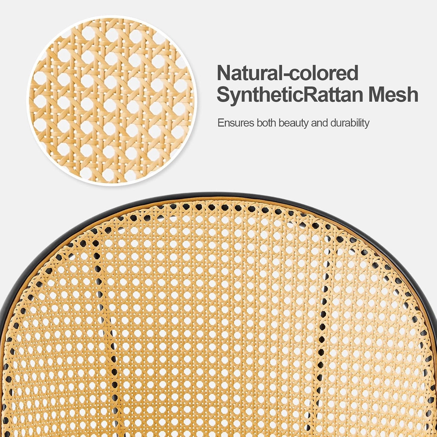 Rattan Dining Chairs Set of 6, Mid-Century Modern Kitchen Dining Room Chairs with Full Cane Backrest Armless Upholstered Farmhouse Boucle Dining Chairs with Metal Leqs for Dining Room, Black