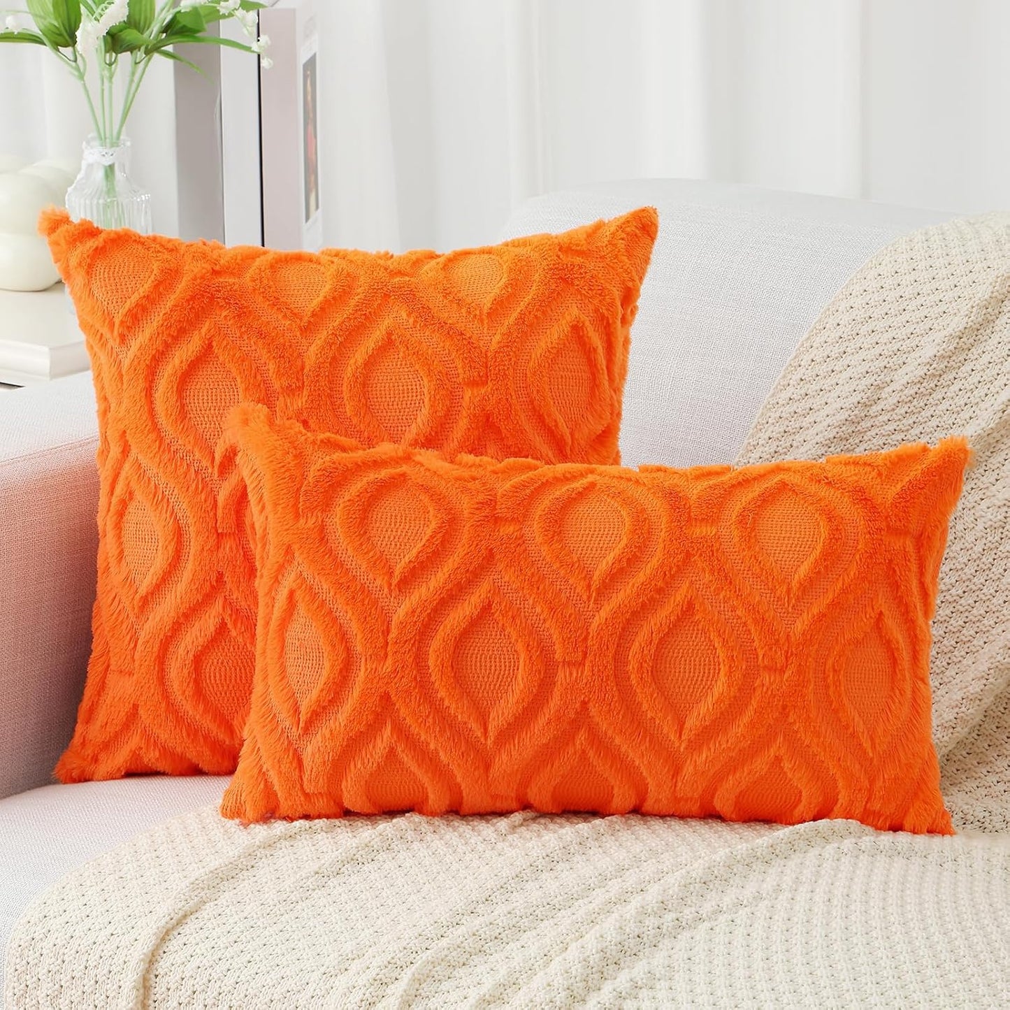 decorUhome Fall Throw Pillow Covers 16x16 Inch Set of 2, Soft Plush Decorative Faux Fur Orange Solid Couch Pillow Covers, Accent Farmhouse Neutral Square Euro Pillow Cases for Sofa Bed Living Room
