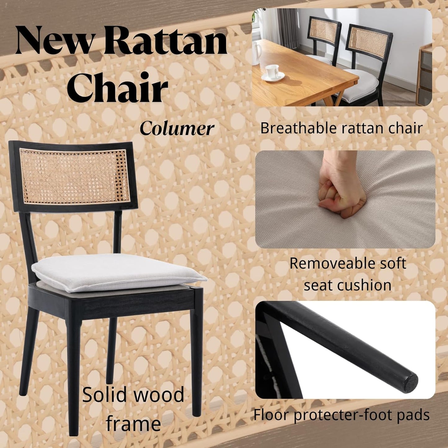 Rattan Dining Chairs Set Of 2 , Mid Century Modern Black Wooden Cane Back Chairs with Removable Linen Cushion , Retro Farmhouse Upholstered Kitchen & Dining Room Chairs for Restaurant Living Room