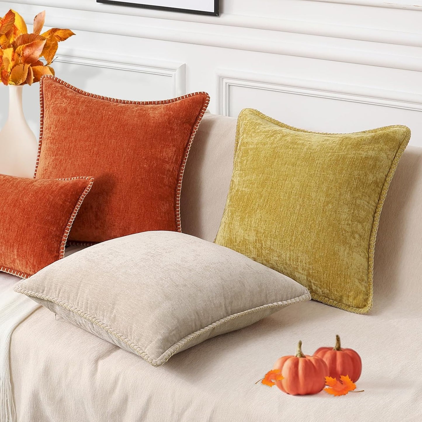 decorUhome Fall Chenille Soft Throw Pillow Covers 12x20 Set of 2, Lumbar Velvet Farmhouse Neutral Decorative Euro Pillow Covers with Stitched Edge for Couch Sofa Bed Home Decor, Rust