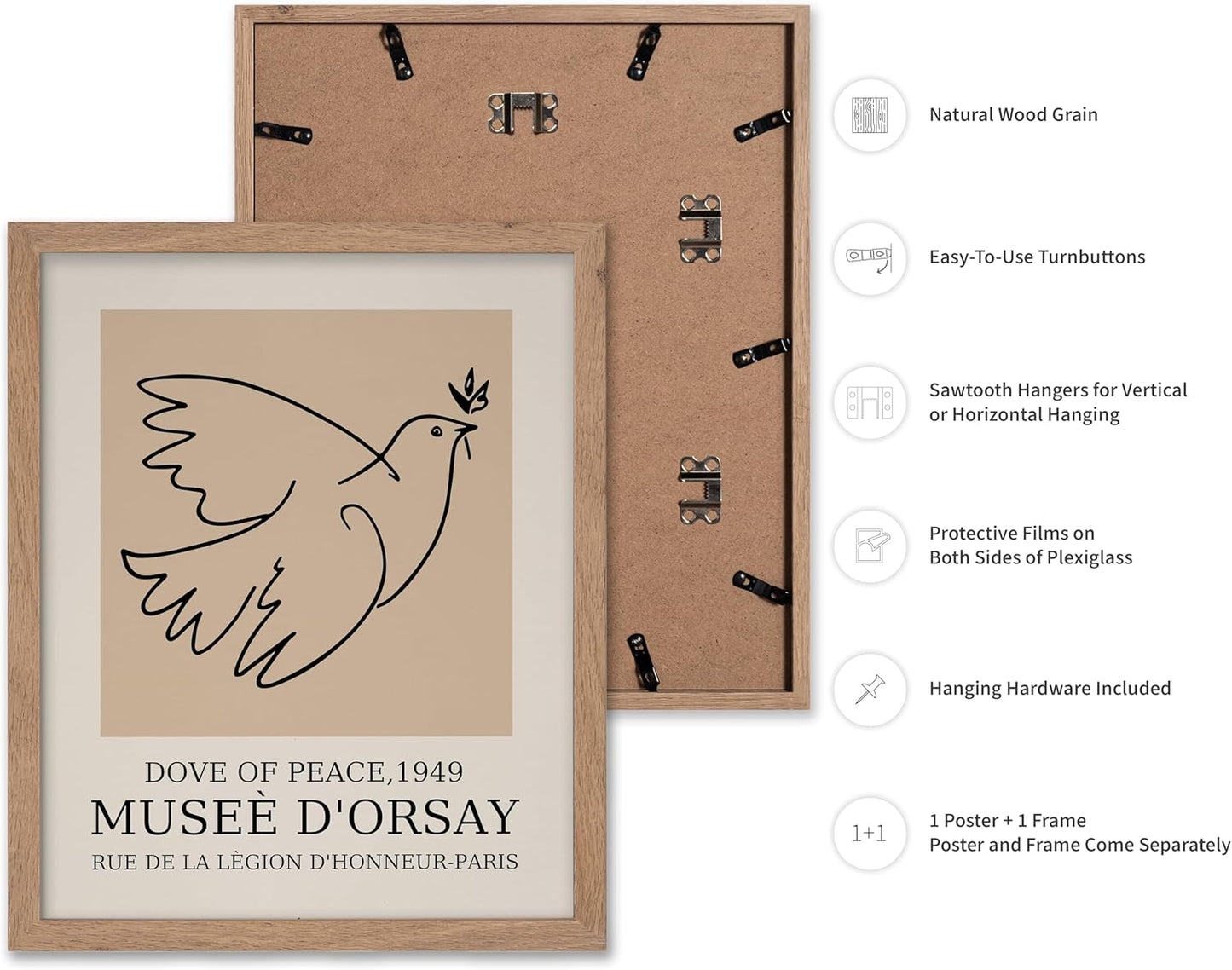 Poster Master Vintage Poster - Retro Minimalist Print - Gift for Artist, Friend - Dove Of Peace, Line Drawing, Sketch, Abstract - Wall Decor for Living Room, Bedroom, 11x14 Beige Framed