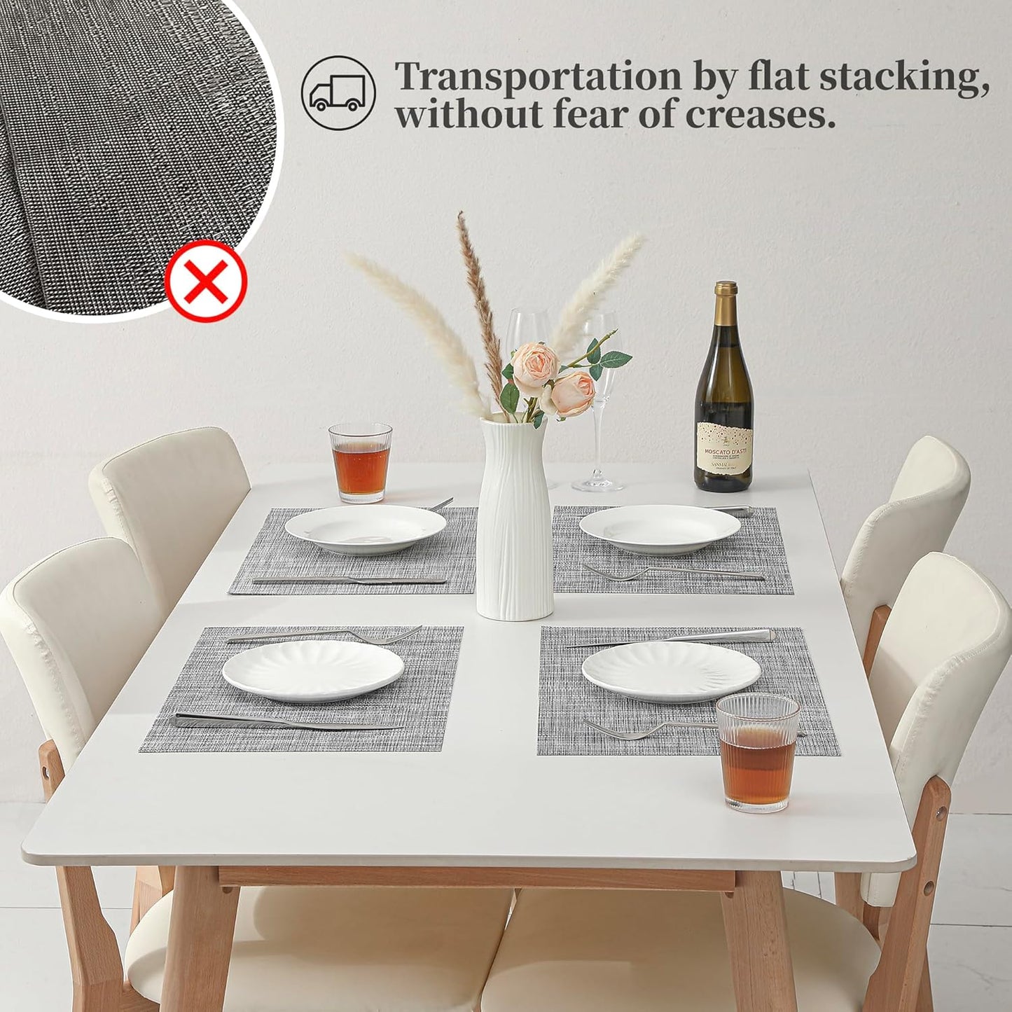 Leetaltree Linen Grey Placemats Set of 12 - Heat Resistant Non-Slip Place mats for Dining Table, Washable Durable PVC Vinyl Woven Table Mats（Linen Grey, 12）