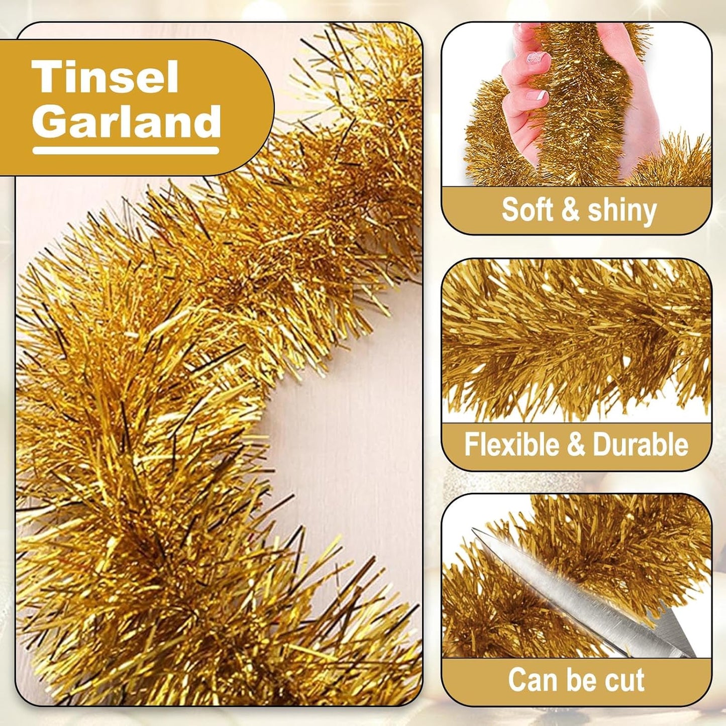 50 Feet Metallic Twist Tinsel Garland - Wall Hanging Backdrop for Parade Floats, Christmas Eve, New Year, Valentine's Day Parties (Champagne Gold, 2in x 50ft)
