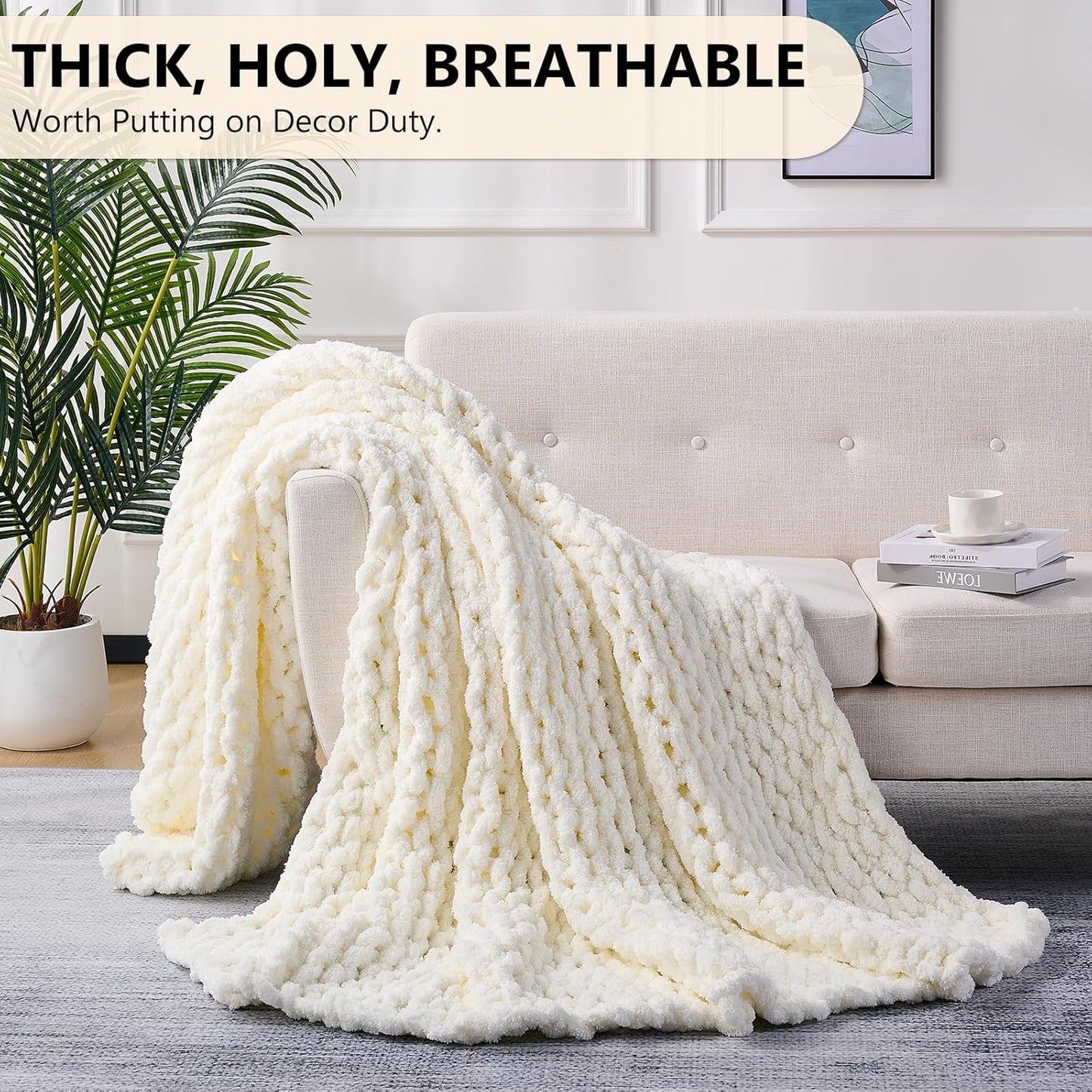 L'AGRATY Chunky Knit Blanket Throw: Soft Chenille Yarn Throw Blanket 50x60 - Handmade Thick Cable Crochet Blanket - Large Chunky Rope Throw Blanket for Couch Sofa Bed Home Decor(Cream White)