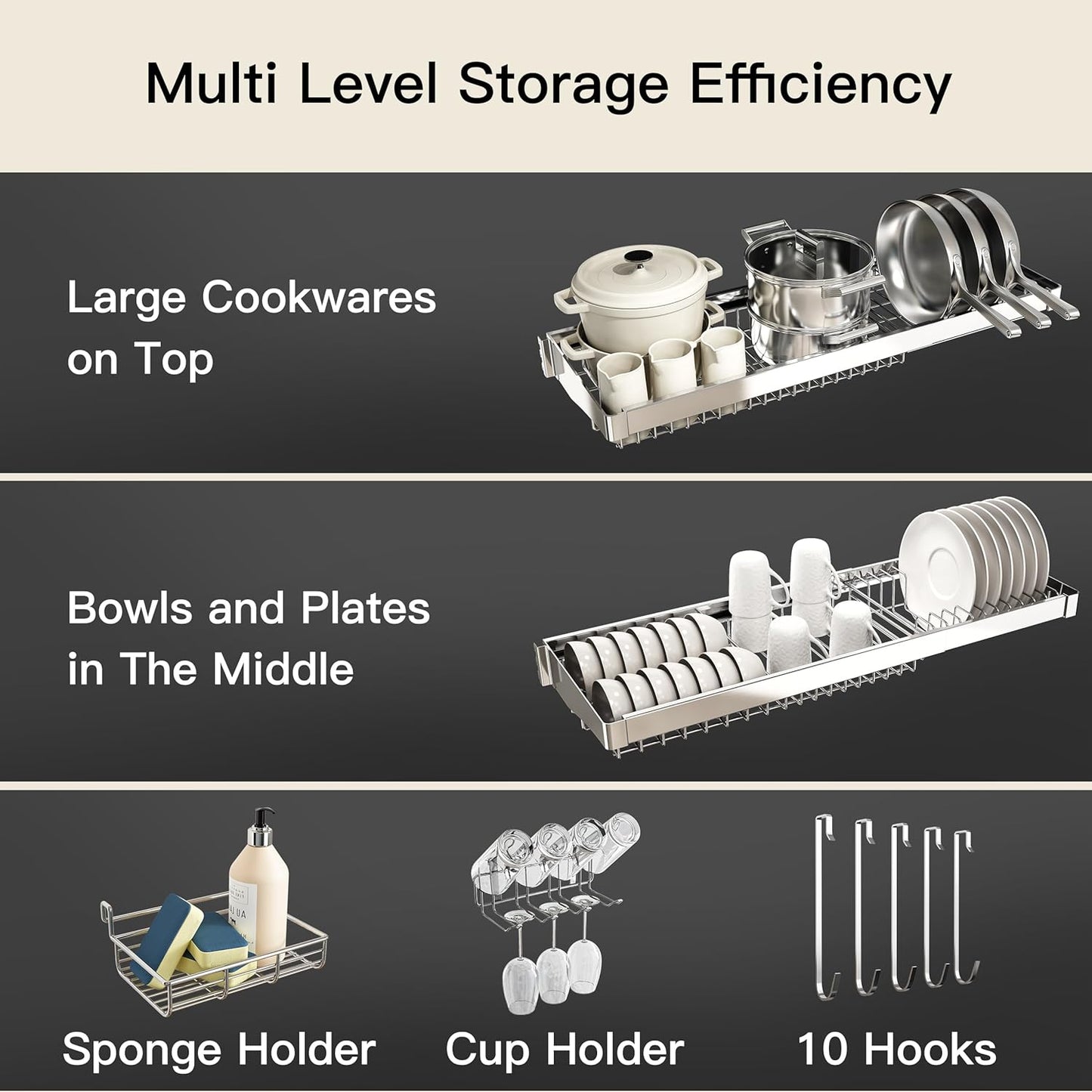 3 Tier Extra Large Stainless Steel Expandable Over The Sink Dish Drainer Drying Rack, Rust Proof Metal, Space Saving, Modern Silver Big Capacity Extendable Plate Strainers Above Kitchen Counter