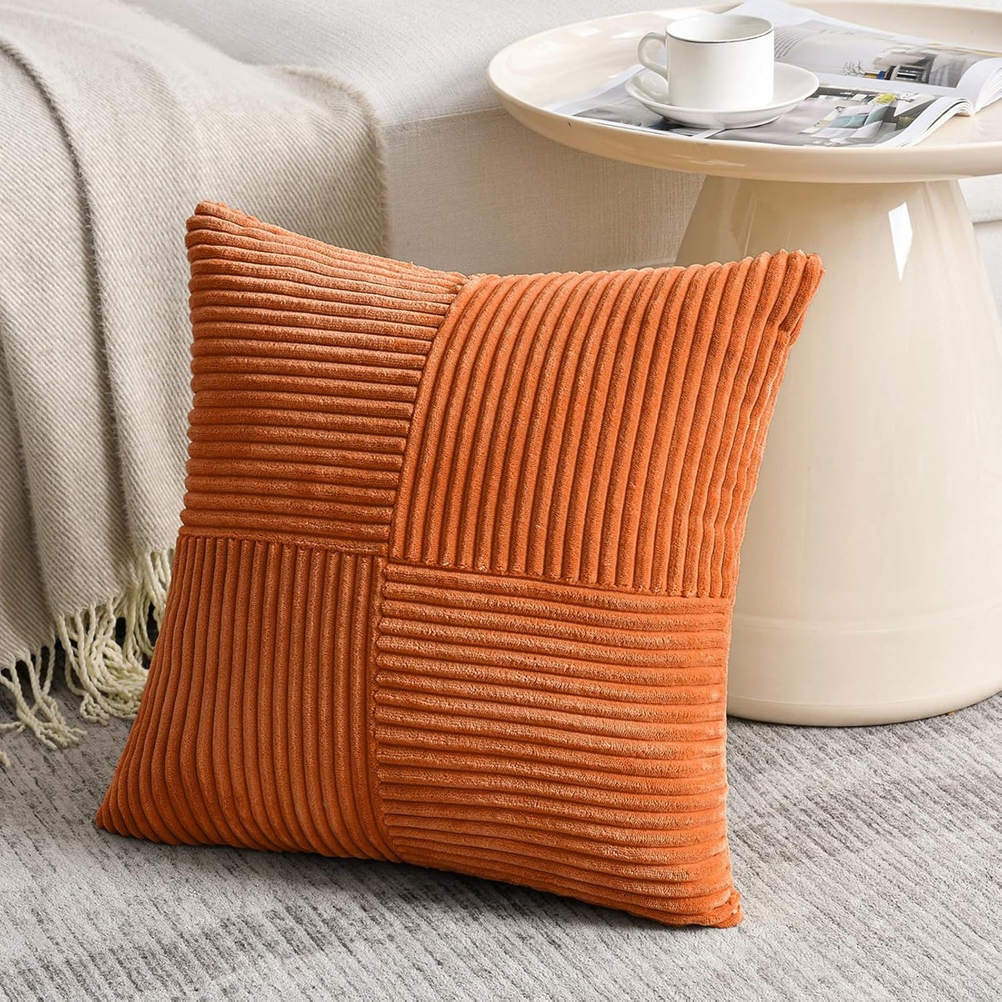 Fancy Homi 2 Packs Burnt Orange Big Decorative Throw Pillow Covers 24x24 Inch for Living Room Couch Bed, Farmhouse Boho Home Decor, Soft Corss Corduroy Patchwork Accent Square Cushion Case 60x60 cm