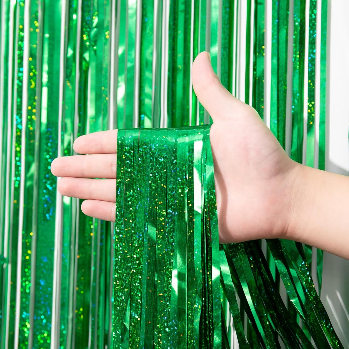 3 Pack 3.3 x 8.2 ft Laser Green Foil Fringe Backdrop Curtains, Tinsel Streamers Birthday Party Decorations, Fringe Backdrop for Graduation, Baby Shower, Gender Reveal, Disco Party