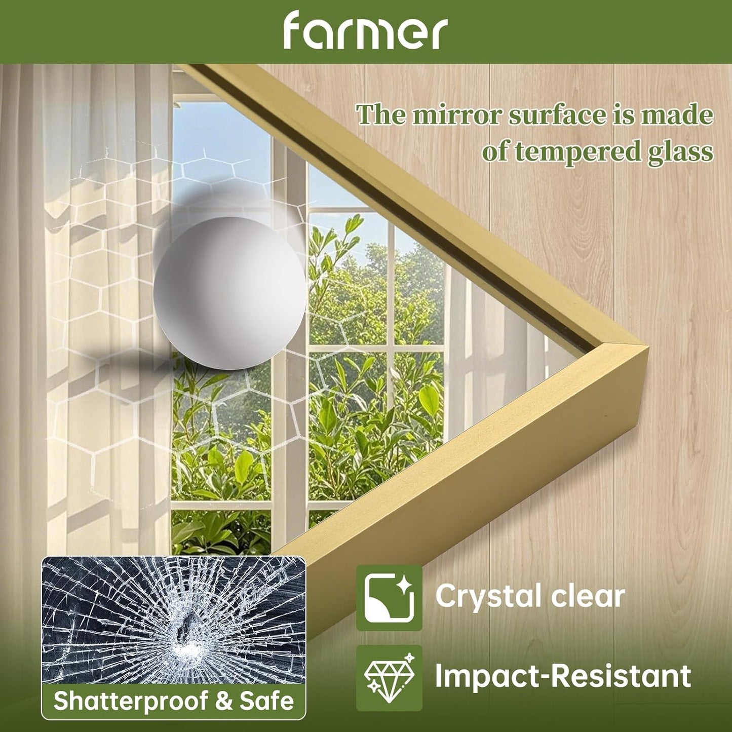 FARMER 30x36 Inch Gold Bathroom Mirror, Rectangle Wall Mounted Mirror, Vanity Mirror, Brushed Square Mirror, Framed Bathroom Mirror for Bedrooms, Entryways, Living Rooms, Horizontal/Vertical