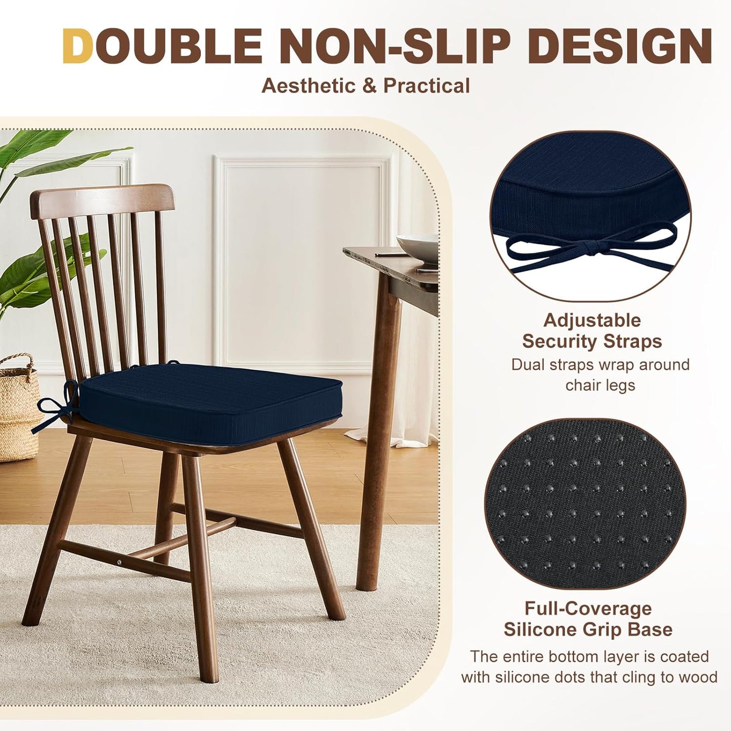 downluxe Chair Cushions for Dining Chairs, Waterproof Kitchen Chair Pads, Non-Slip Dining Seat Cushion with Ties, 17" x 16" x 2.5", Navy, 4 Pack