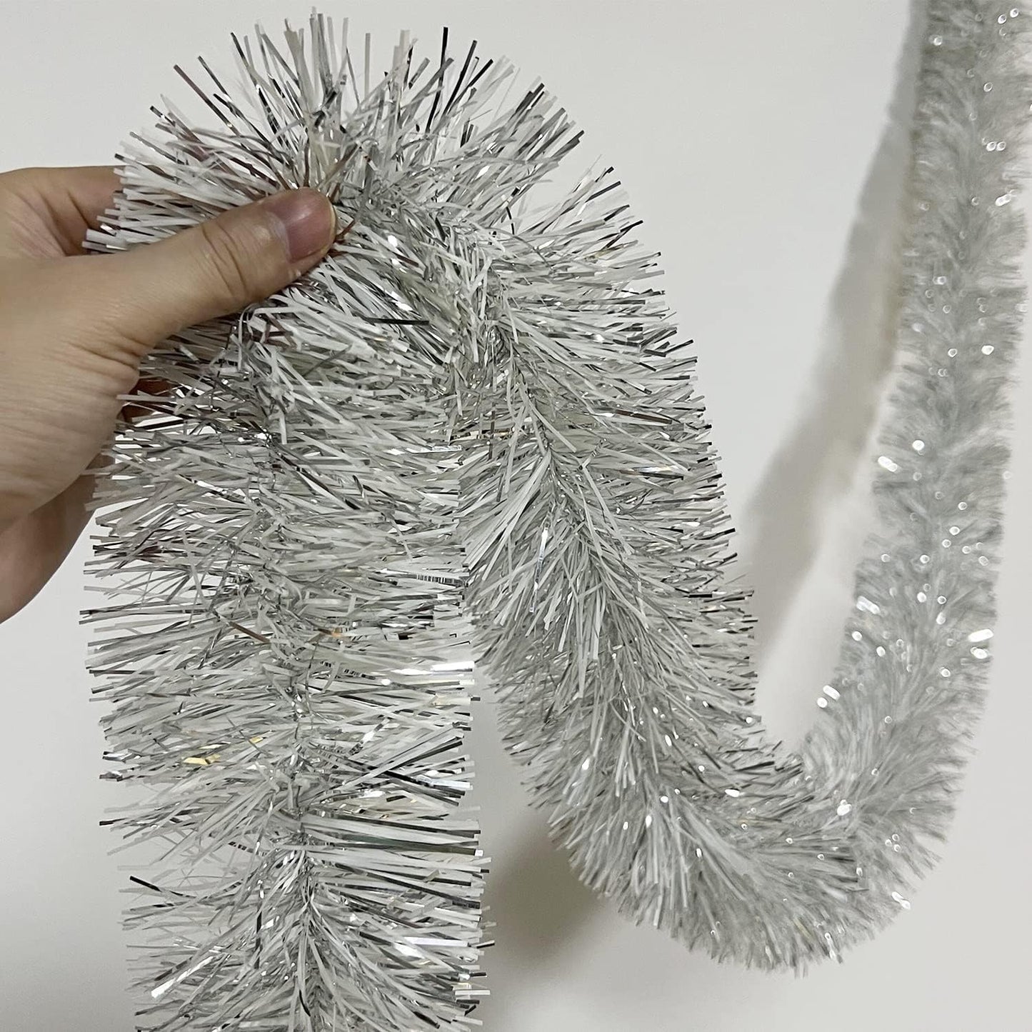 25 ft Long Roll Silver & White Tinsel Twist Garland, Shiny Metallic Foil Decorations for Halloween, Parade Floats, Christmas Eve, New Year Parties (4" x 25' roll, Silver & White)