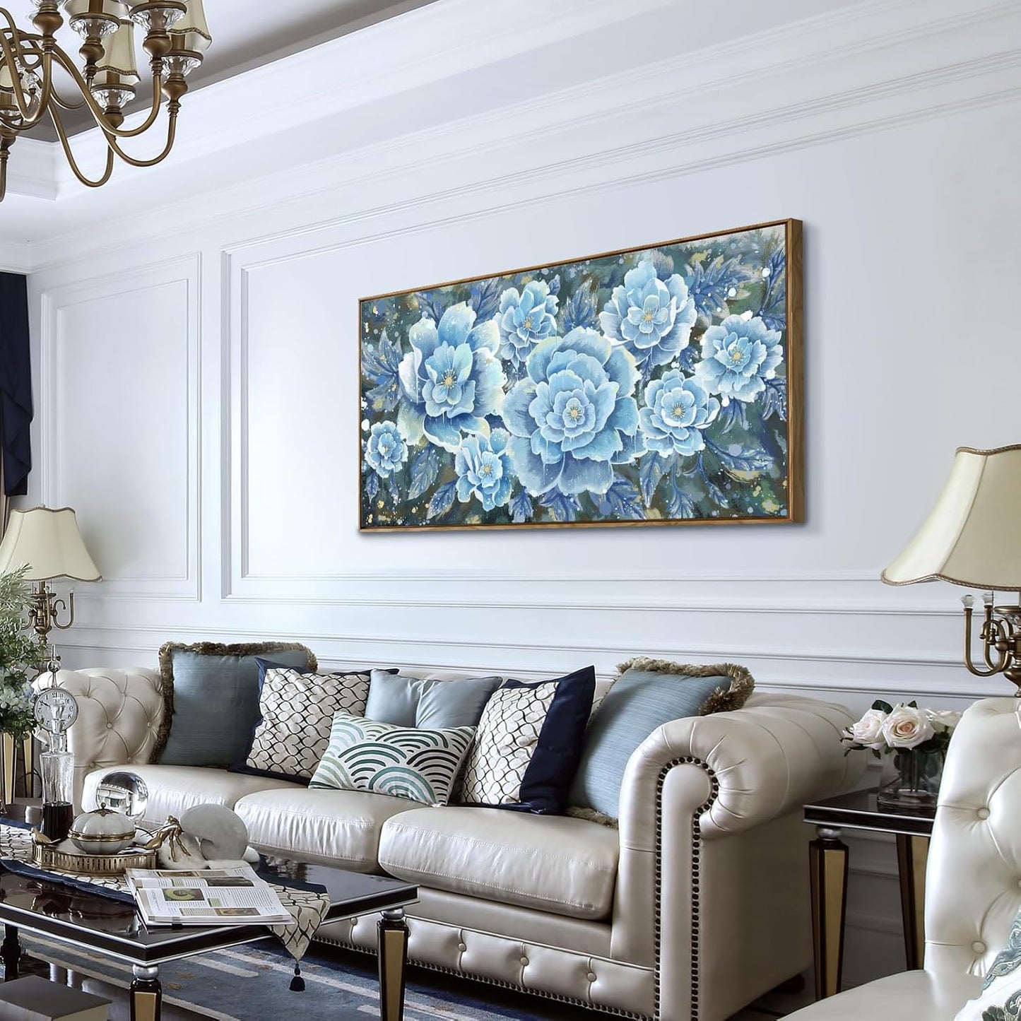 Large Blue Wall Art Decor Modern Framed Wall Picture for Living Room Bedroom Office Decor Floral Canvas Art Prints Botanical Wall Picture Abstract Peony Flower Horizontal Artwork Ready to Hang 48x24