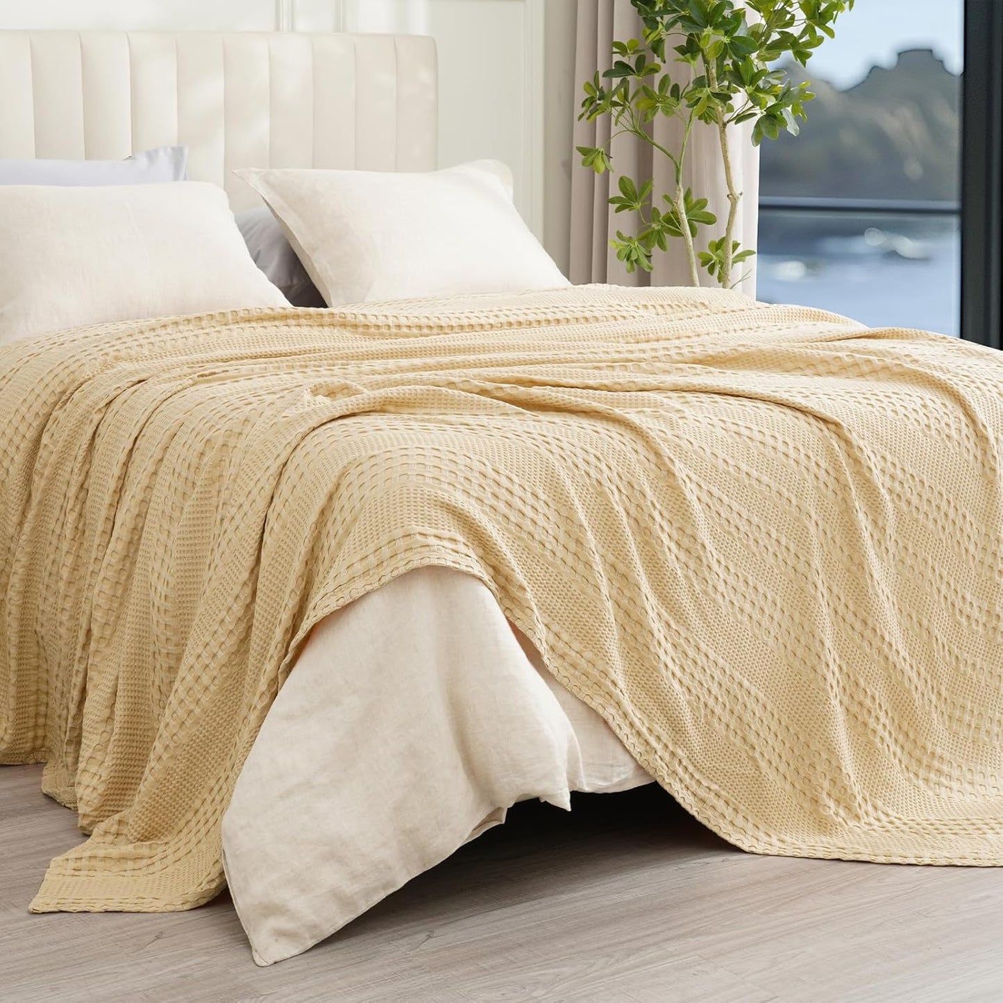 PHF Cooling Waffle Blanket Twin Size, Lightweight 60% Rayon Derived from Bamboo & 40% Cotton Breathable Blanket for Hot Sleepers, Soft and Luxury for Bed Couch and Sofa, 66"x90", Beige