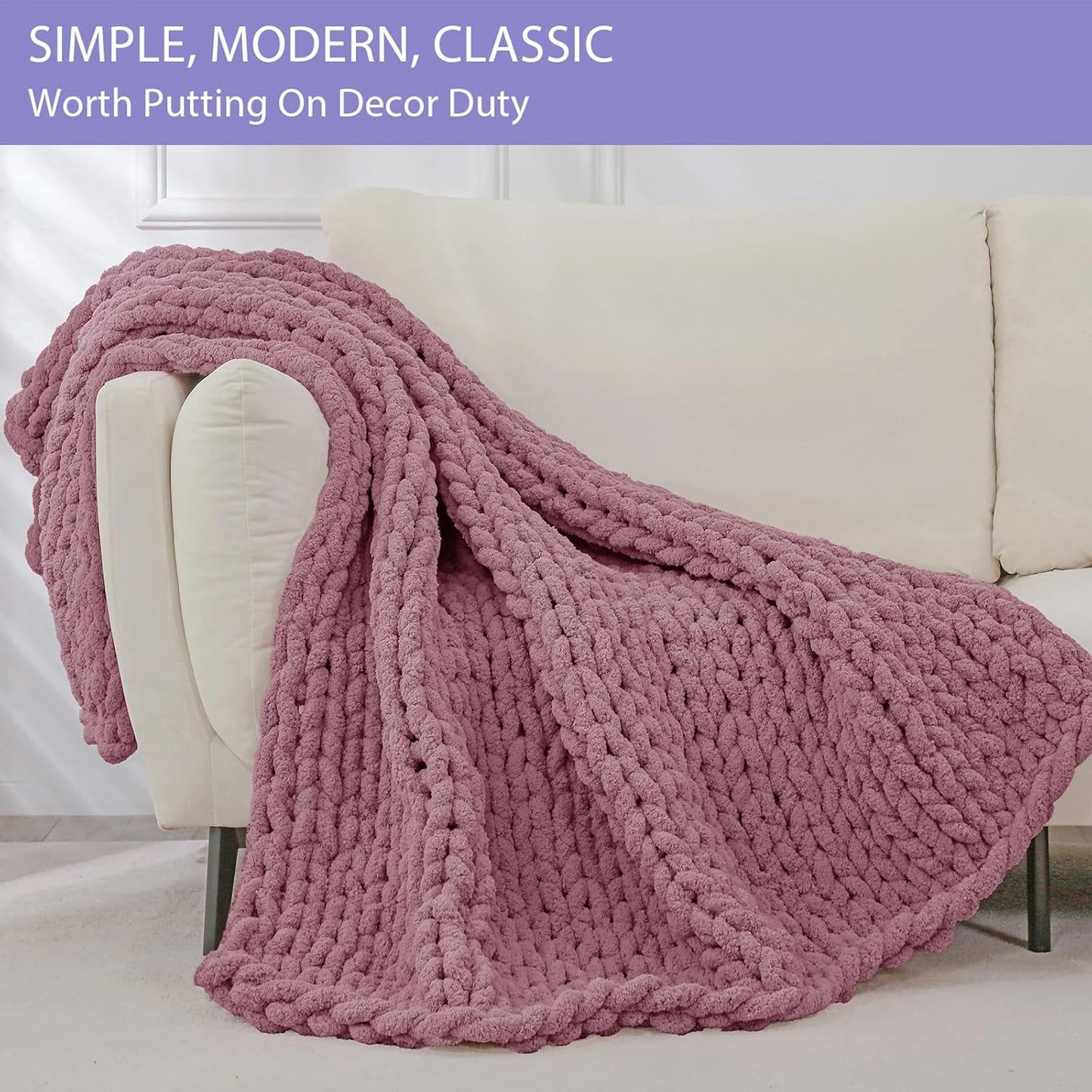 Bigacogo Chunky Knit Throw Blanket for Couch, 51x63 inches, 100% Hand Knitted with Thick Jumbo Chenille Yarn, Cozy Soft Large Rope Knot Cable Crochet Blankets for Sofa Bed Living Room, Burnt Rose
