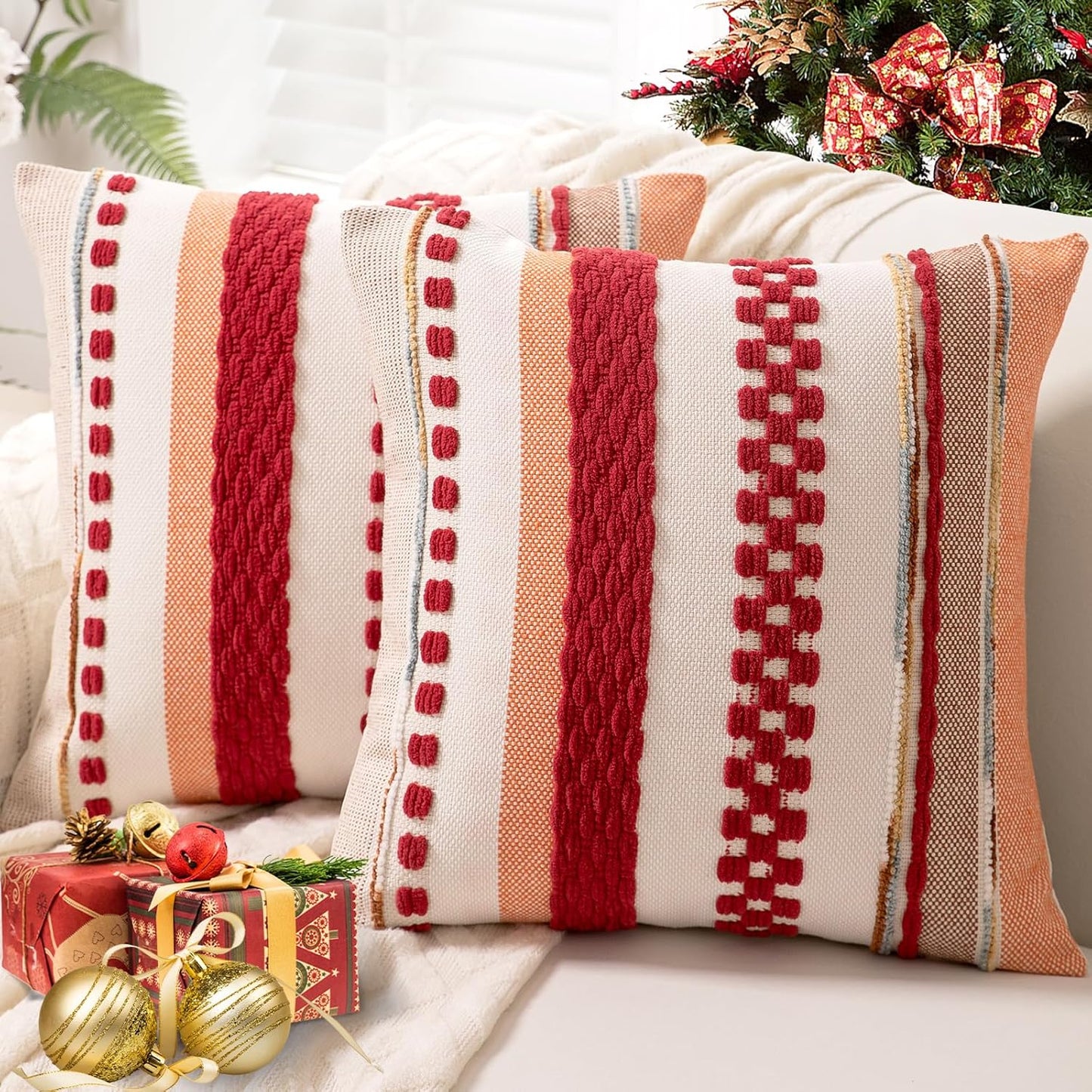 Boho Throw Pillow Covers 18x18 Set of 2 Christmas Decorative Cushion Case Striped Square Pillows Cover Chenille Pillow Cases Accent Neutral Pillowcase for Sofa Couch Bed,Red