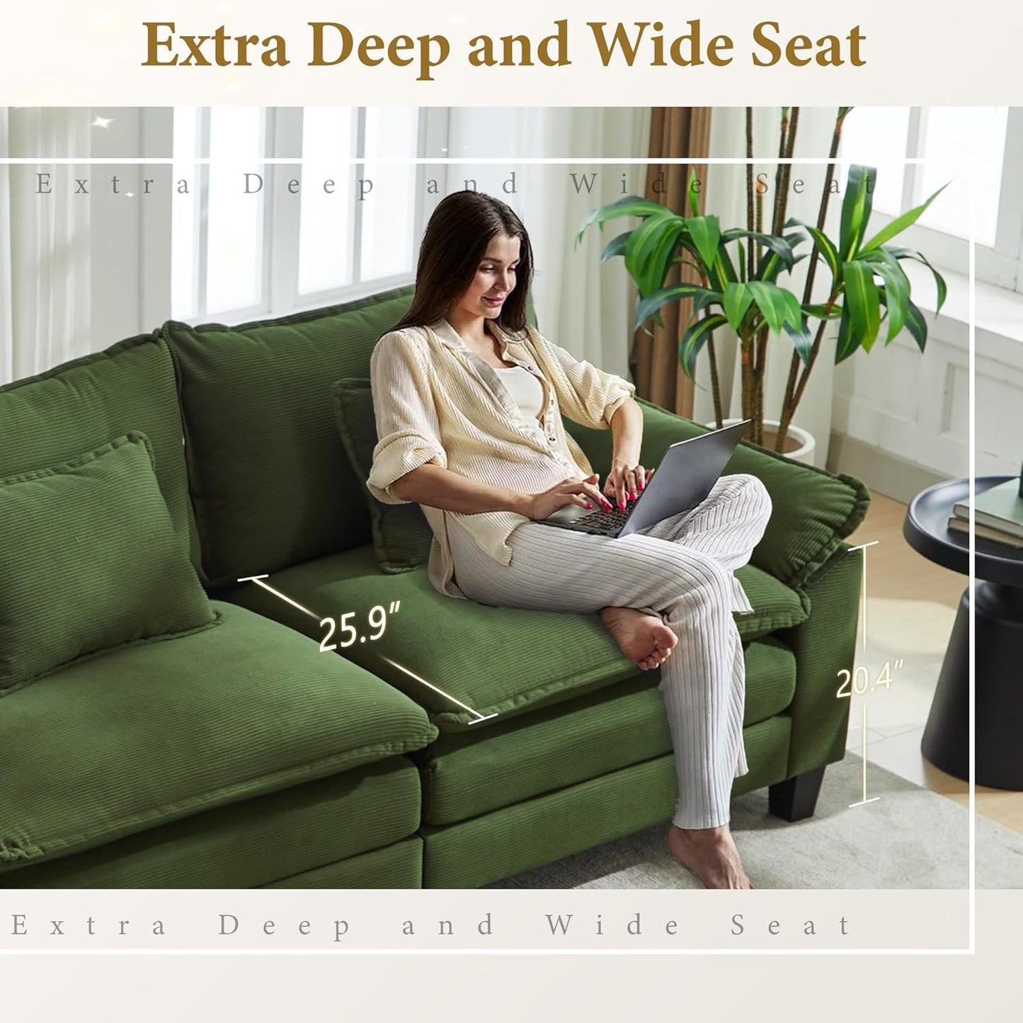 URRED Modular Sectional Sofa Comfy Cloud Couch, Modern Corduroy Sofa Sleeper Deep Seat Couches with Ottoman/Pillows for Living Room (Green, 117'' - U Shape)