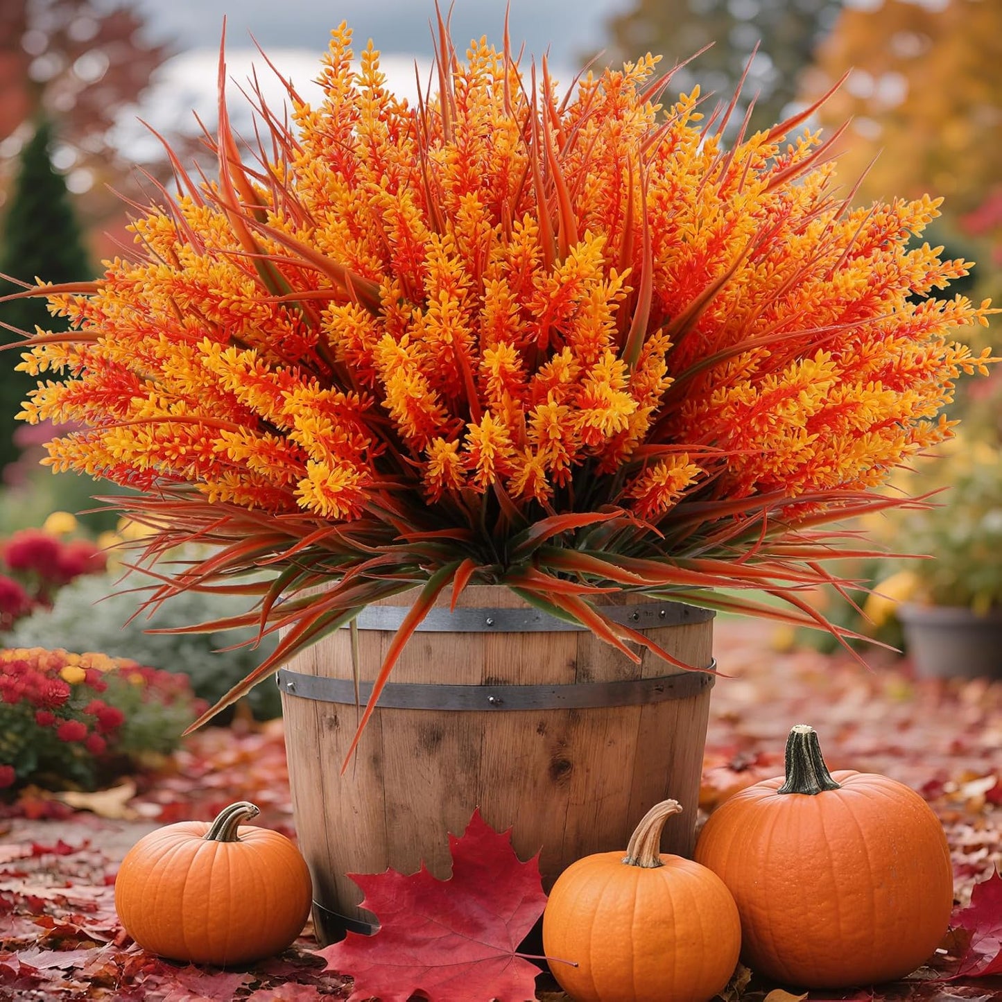 Geegoods 24 Bundles Artificial Fall Flowers Outdoor – Faux Lavender Flowers with Monkey Grass UV Resistant Plastic Faux Plants for Garden Porch Patio Home Decor, Autumn-Orange Color