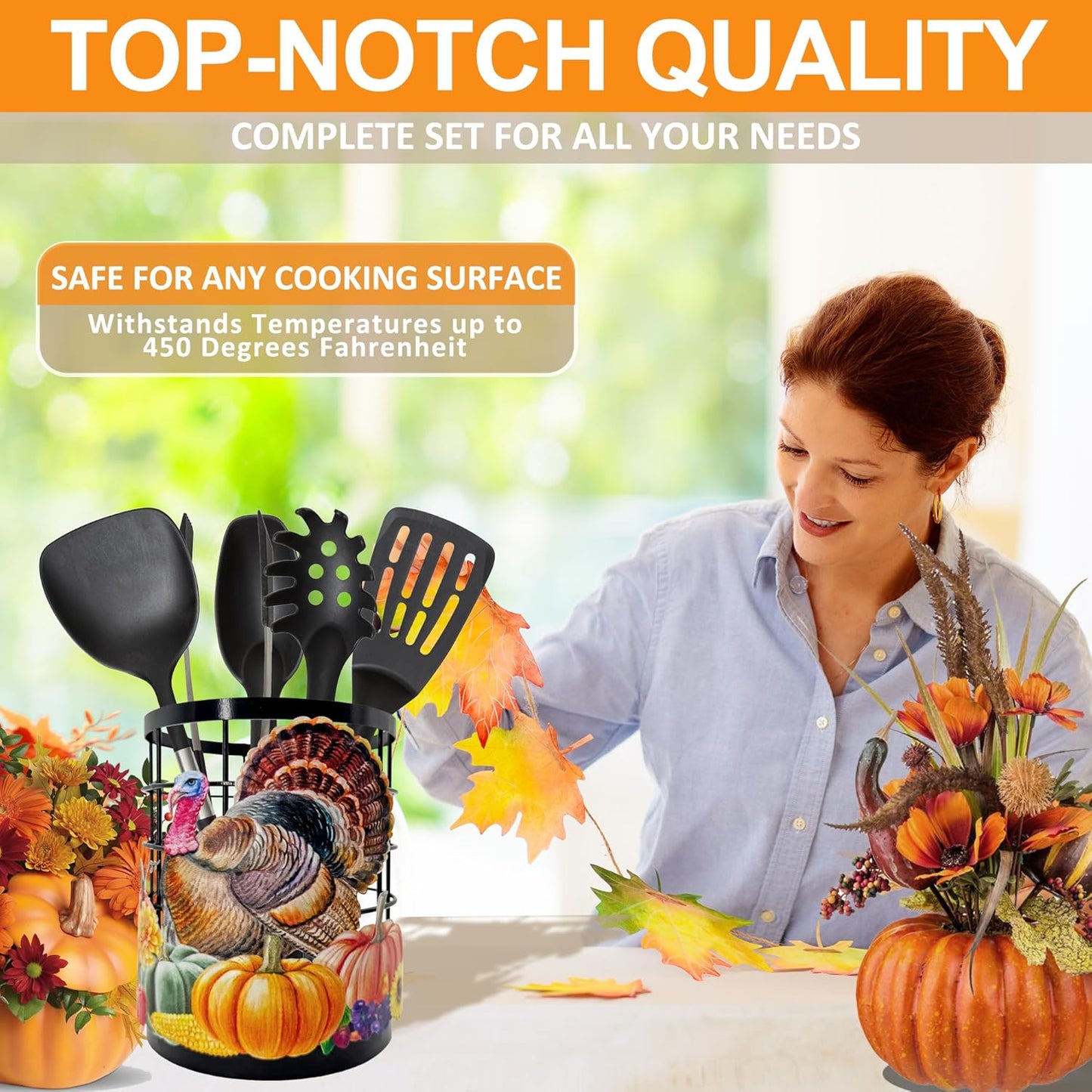 Thanksgiving Turkey Utensil Holder, Thanksgiving Turkey Pumpkin Kitchen Decor Utensil Organizer for Countertop, Fall Metal Cooking Tools Farmhouse Counter Decor, Kitchen Gifts Utensil Caddy Harvest