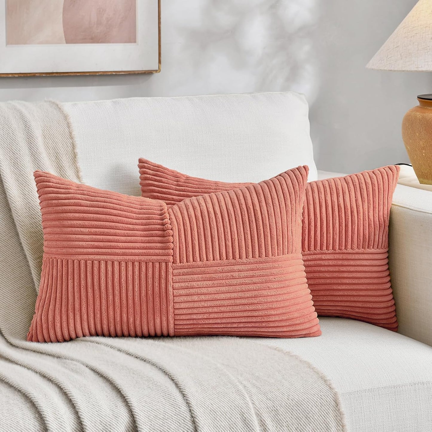Fancy Homi 2 Packs Coral Long Lumbar Decorative Throw Pillow Covers 12x24 Inch for Couch Bed Sofa, Rustic Farmhouse Boho Home Decor, Soft Striped Corduroy Rectangle Accent Peach Cushion Case 30x60 cm