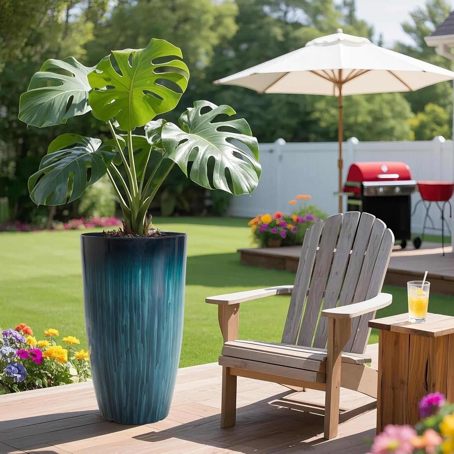 KOL 2-Pack 23.5" Plastic Planters, Gradient Blue Glossy Large Tall Plant Pots, Lightweight Decorative Flower Containers with Drainage Hole & Dual-Purpose Saucer – Indoor & Outdoor Use Front Porch