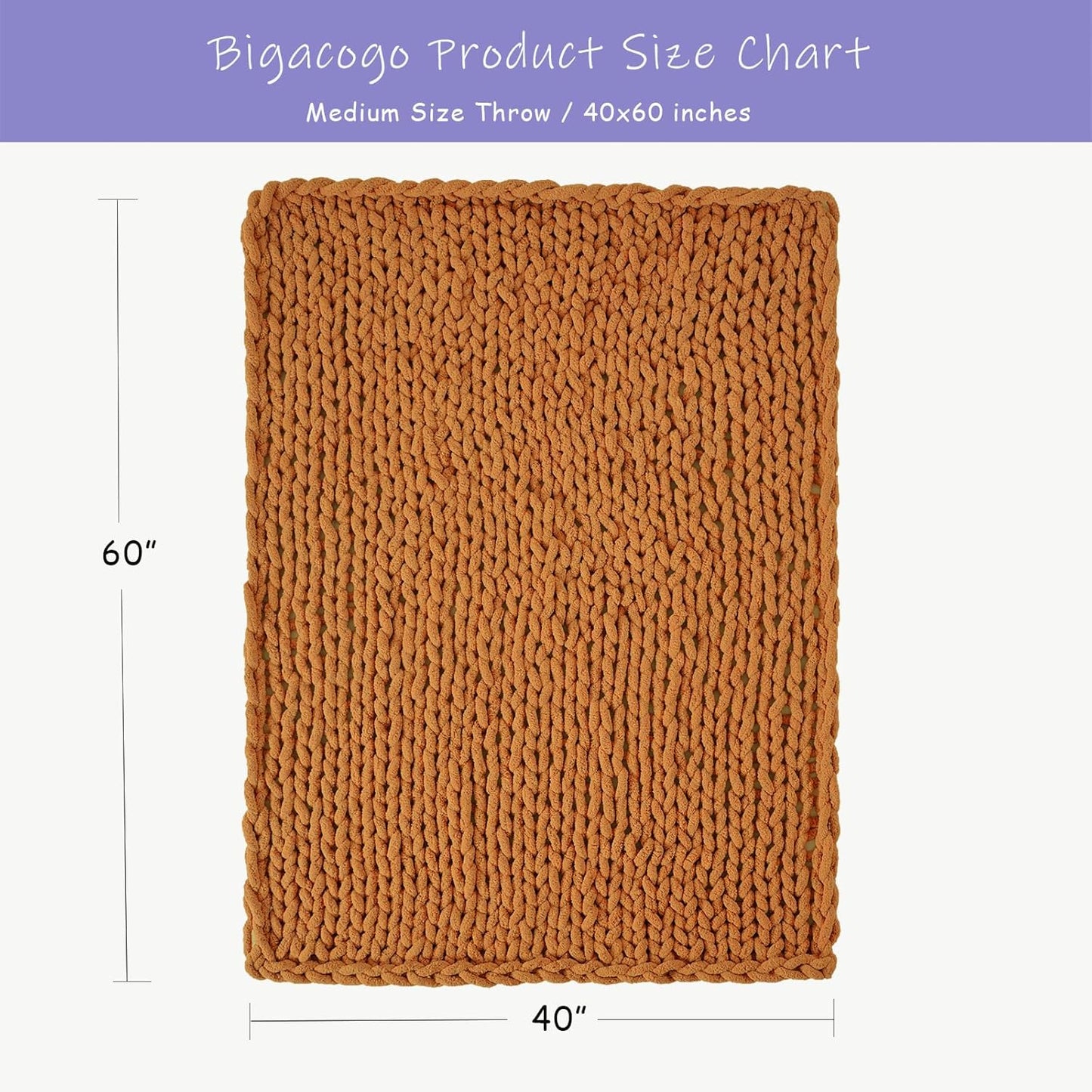 Bigacogo Chunky Knit Throw Blanket for Couch, 40x60 inches, 100% Hand Knitted with Thick Jumbo Chenille Yarn, Cozy Soft Large Rope Knot Cable Crochet Blankets for Sofa Bed Living Room, Burnt Orange