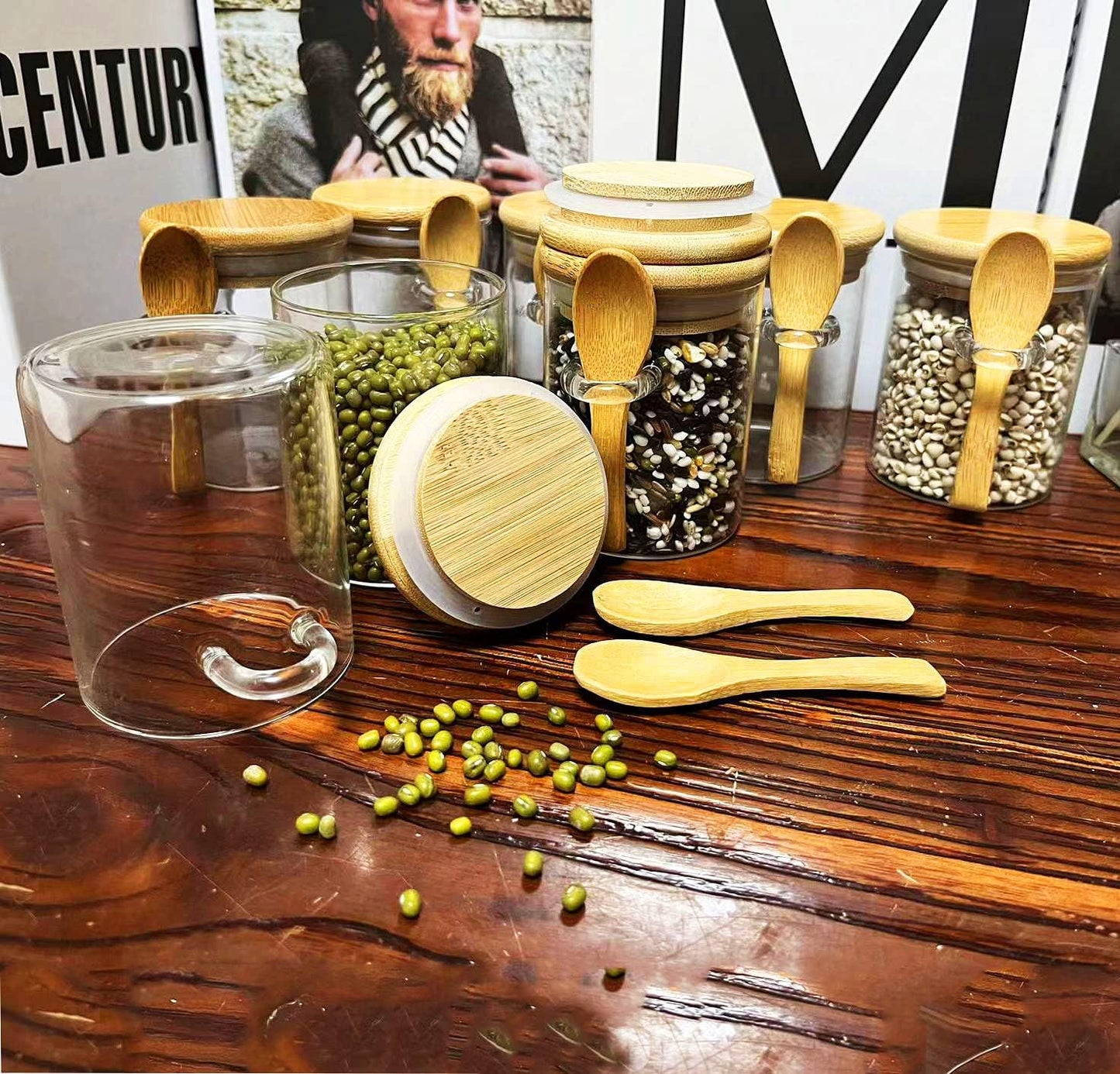 7.6 oz Airtight Mini Glass Jars with Bamboo Lids and Bamboo Spoons, Spice Jars Small Food Storage Containers for Kitchen, Bathroom, Home Decor Set of 8