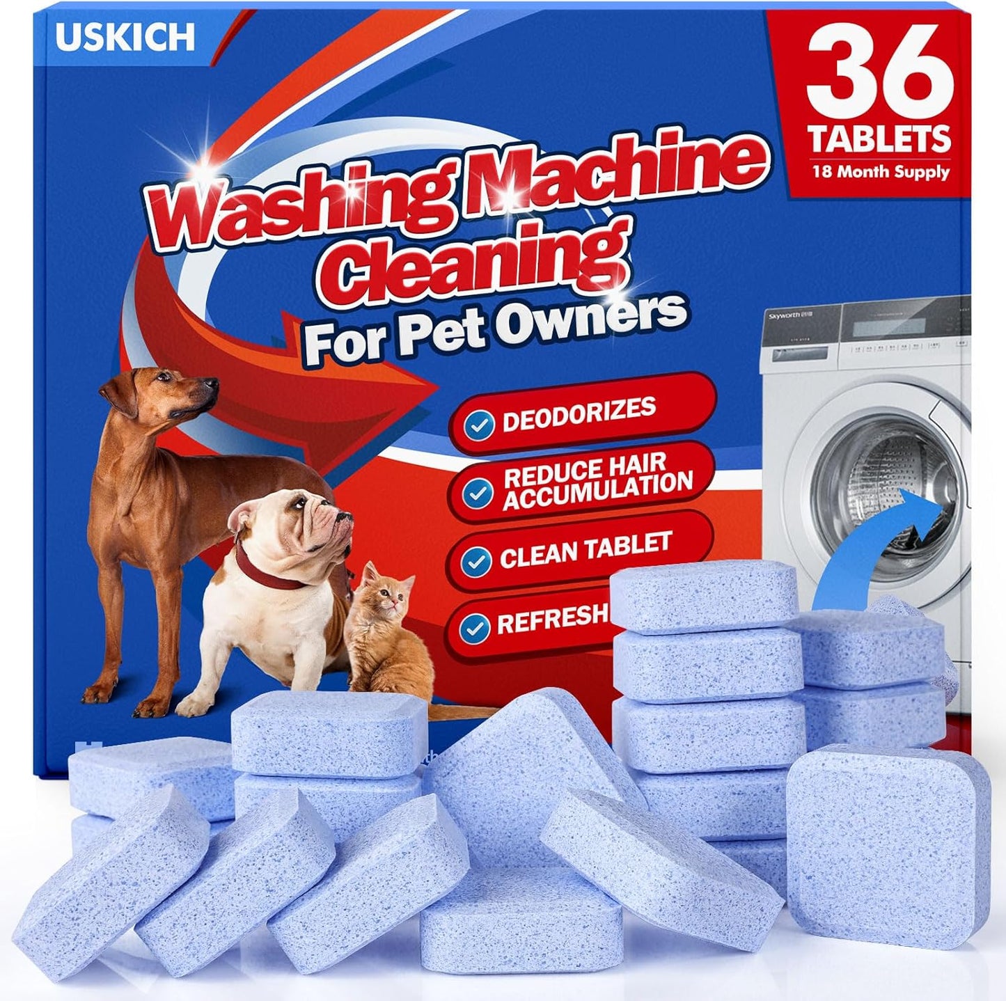 36Pack Washing Machine Cleaner Tablets-18 Month Supply,Washer Machine Cleaner Formulated For Pet Owners,Easy Pet Hair Remover for Laundry,Compatible with HE, Top & Front Load Washer.Septic Safe