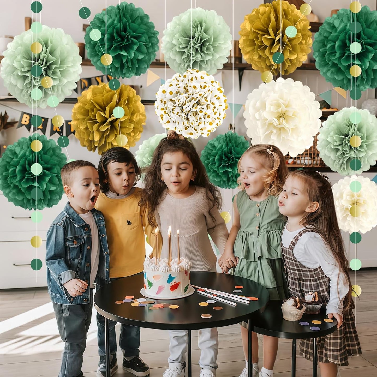 Green Wedding Party Decorations Set, 16 PCS Tissue Paper Pom Poms, Dots Paper Garland for Engagement, Green Boho Wedding, St. Patrick's Day Party, Baby Shower Party Decor