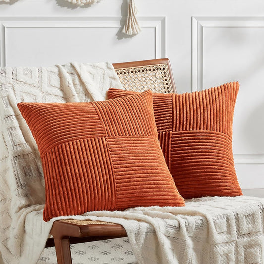 Fancy Homi Set of 2 Burnt Orange Decorative Throw Pillow Covers 24x24 Inch for Living Room Couch Bed, Boho Farmhouse Fall Home Decor, Soft Corss Corduroy Patchwork Textured Cushion Case 60x60 cm