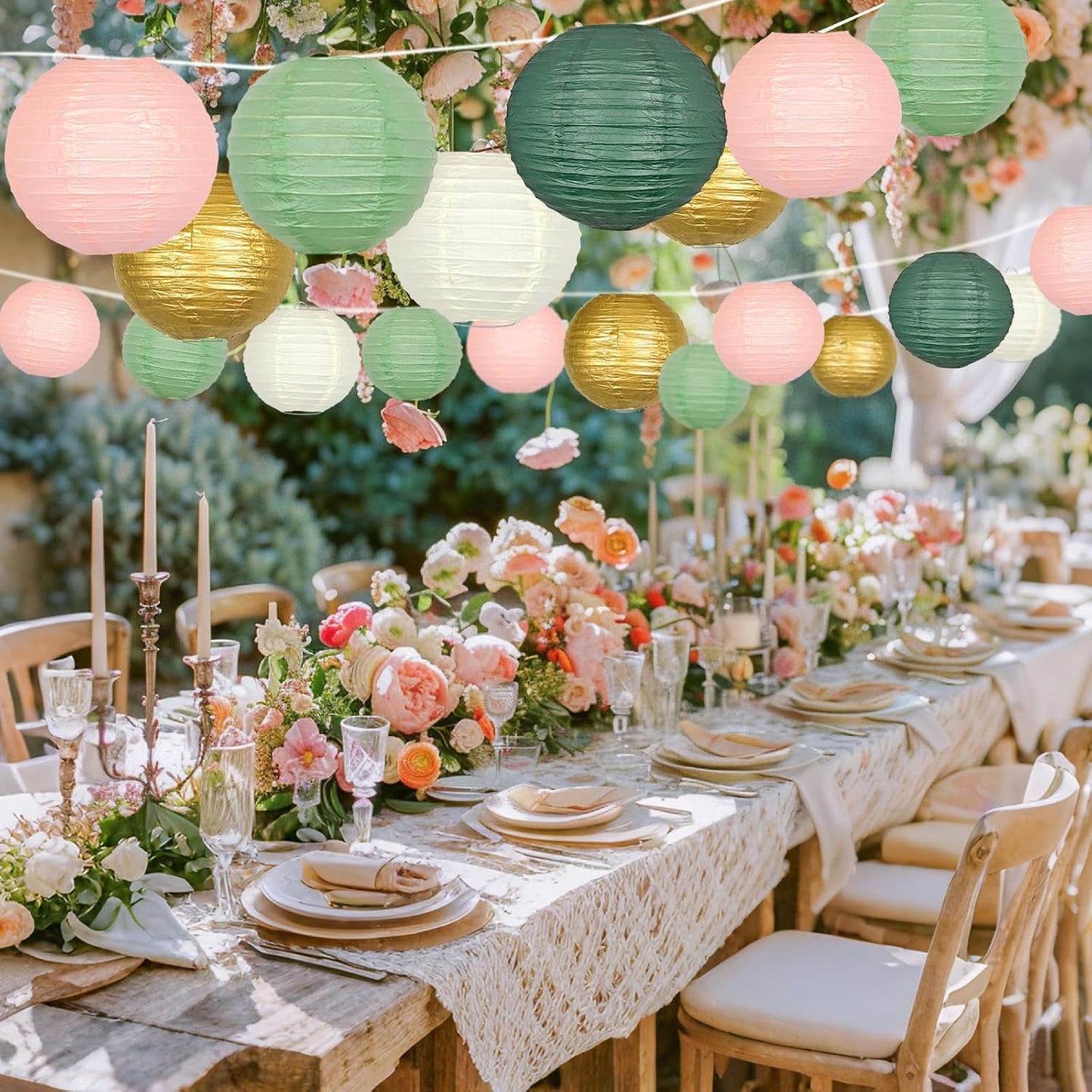 ADLKGG Paper Lanterns Decorative, Round Hanging Paper Lanterns Decorations for Graduation Bridal Shower Wedding Birthday Neutral Baby Shower Decorations Home Decor Sage Green/Pink/Gold 21pcs