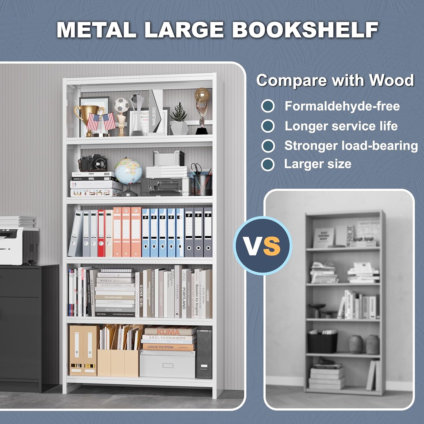 69" Tall Bookcase, 5-Tier Wide Bookshelf, Library Book Case with Display Shelf, Lightweight Metal Bookshelves, Industrial Book Shelf for Home, Office, Library, and School (White)