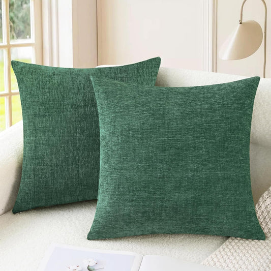 CaliTime Throw Pillow Covers Decorative 18 X 18 Inches Pack of 2 Cozy Chenille Cushion Cases for Couch Sofa Bed Living Room Home Dark Green