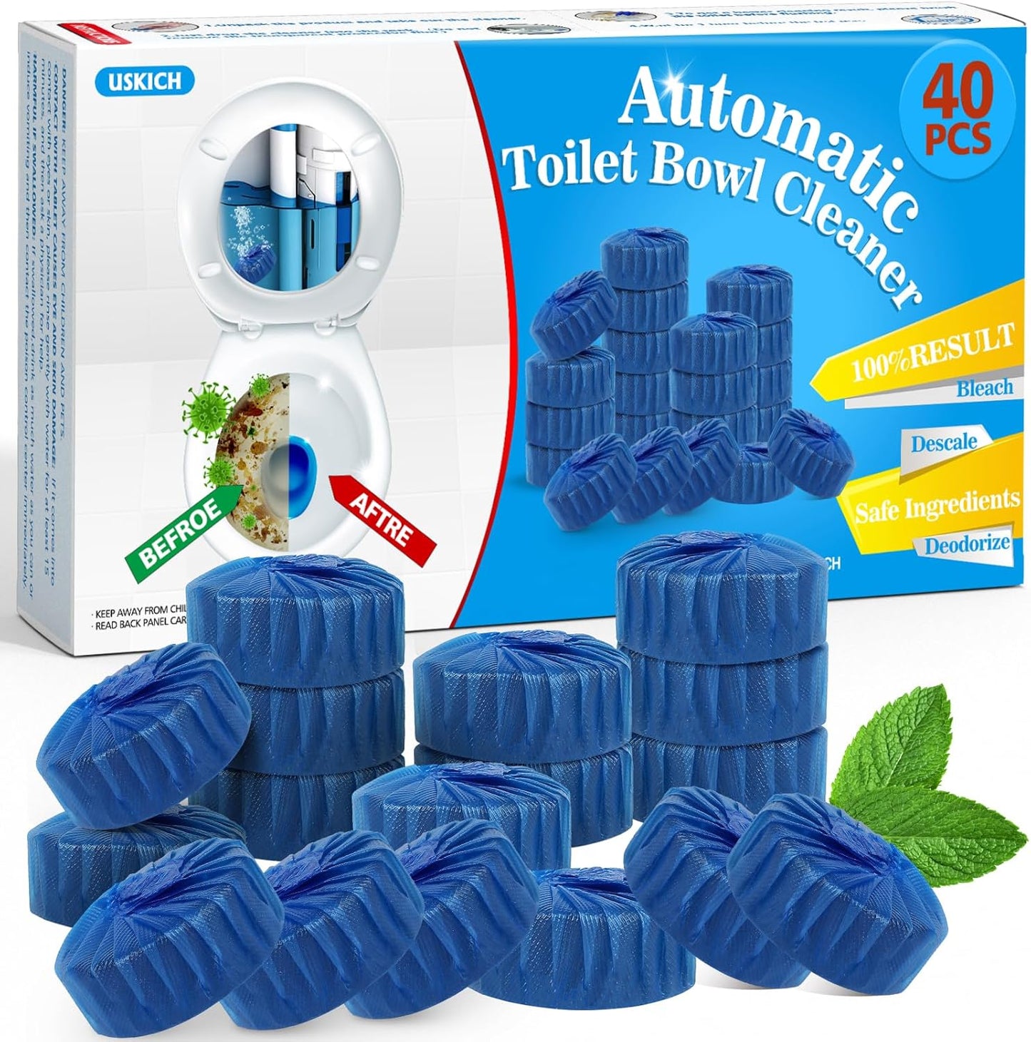 Toilet Bowl Cleaner Tablets 40 PACK, Blue Automatic Toilet Cleaner with Bleach, Using Sustained-Release Technology for Deodorizing & Descaling,Household Toilet Tank Cleaners for Against Tough Stains