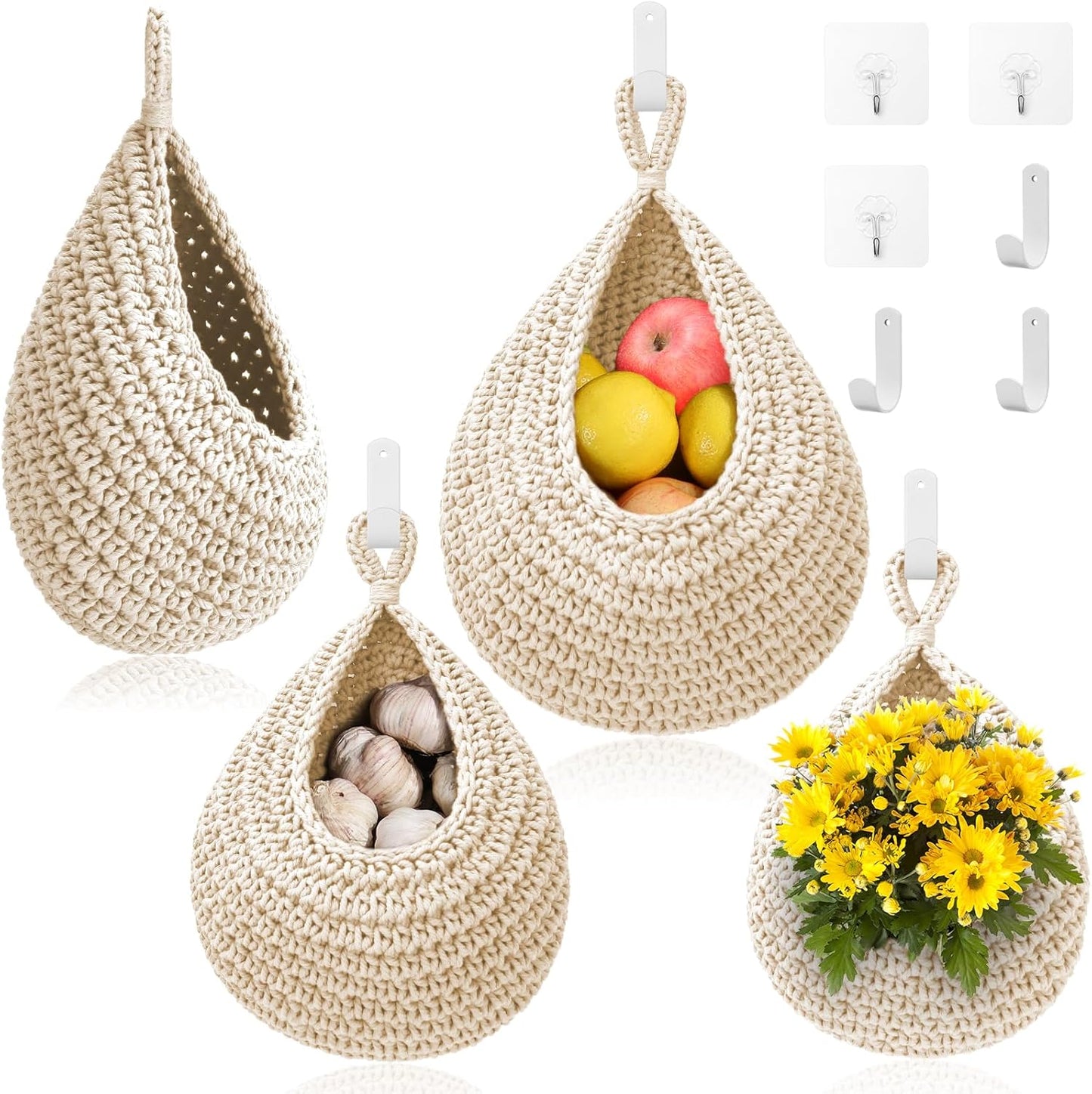 Hanging Fruit Baskets for Kitchen - 3 Pack Boho Wall Hanging Basket with 6 Pcs Strong Hooks, Handwoven Onion Storage Teardrop Home Onion Basket for Fruits Vegetable Potato Kitchen Storage (White)