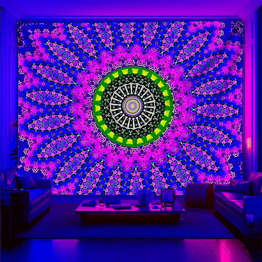 Blacklight Mandala Tapestry for Bedroom, Medium Black Light Posters for Adults and Teens, Red UV Reactive Aesthetic Bohemian Wall Art Decor (60 x 50 Inches)