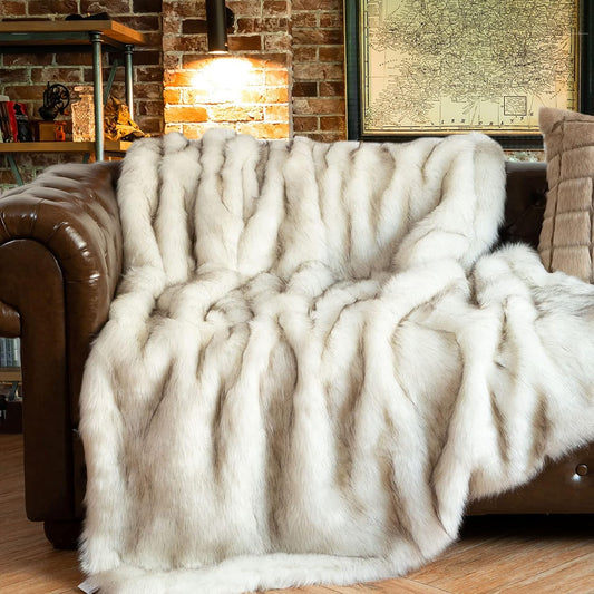 BATTILO HOME Luxury White Faux Fur Throw Blanket Long Pile with Black Tips, 51"x67", Super Warm Thick Faux Fur Blanket for Couch, Bed, Fuzzy Fluffy Elegant Cozy Blanket