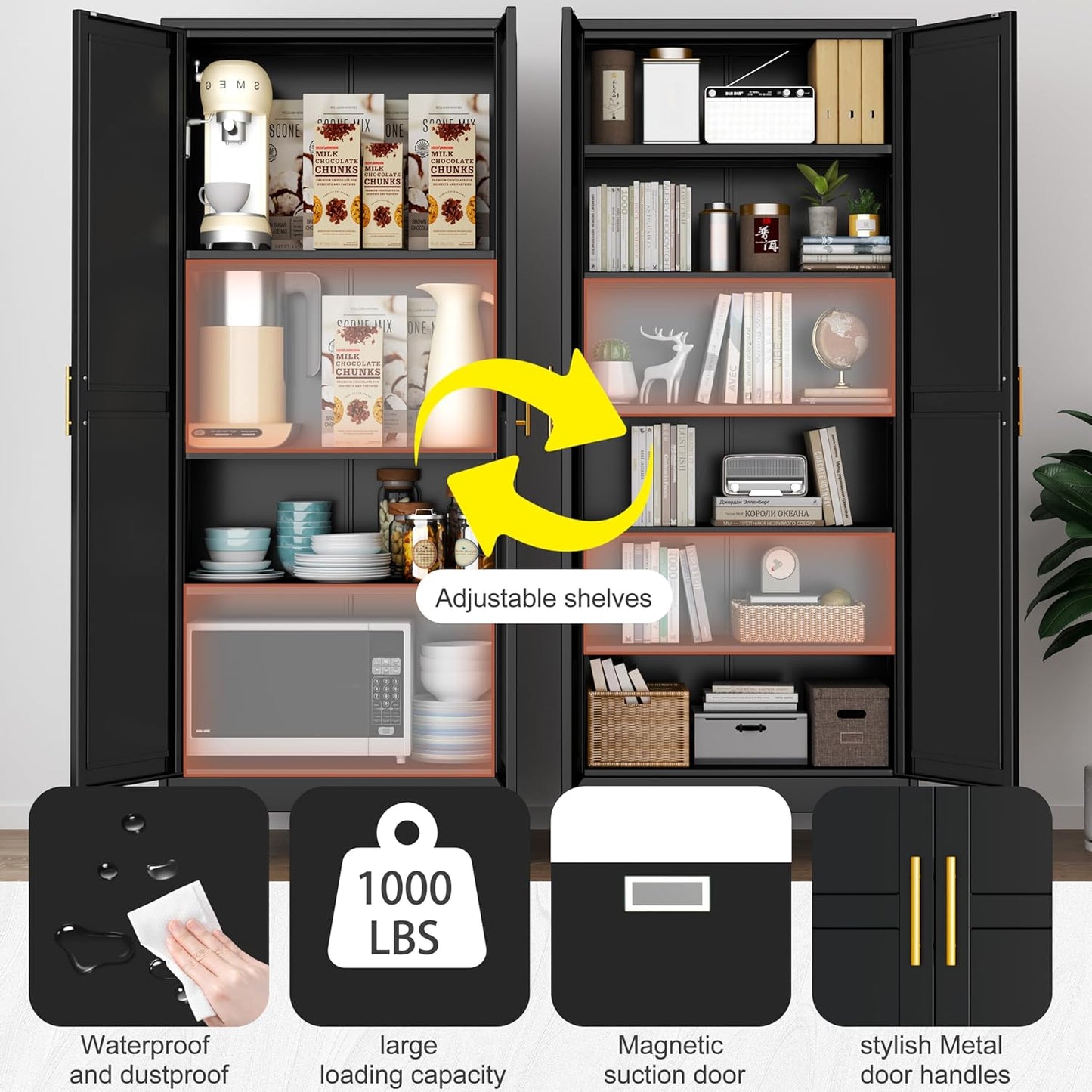 Kitchen Pantry Storage Cabinet with Doors and Adjustable Shelves, Metal ClosetMaid Food Pantry Cabinets, 75" Tall Freestanding Cupboard for Kitchen, Laundry or Utility Room, Black