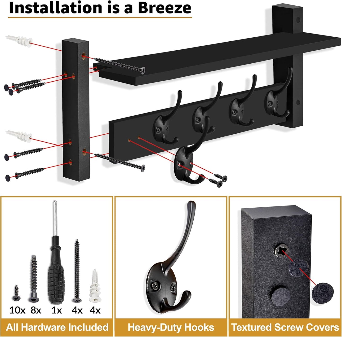 Sorbus Coat Hooks Wall Mount with Shelf – 24 Inch Coat Rack Wall Mount with 5 Heavy Duty Hooks – Floating Wall Shelf with Hooks for Entryway, Bathroom, Bedroom, Kitchen, or Mudroom (Black)