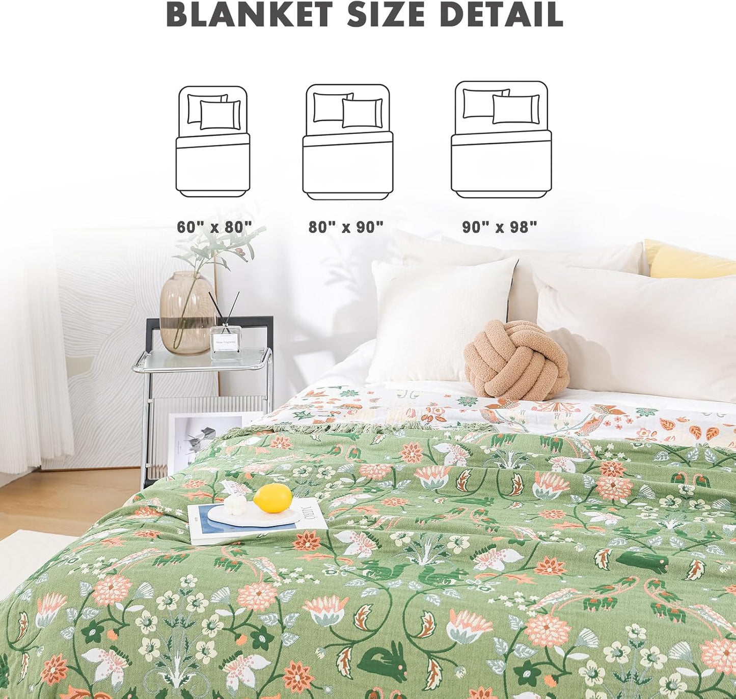 MSGKV Cotton Bed Blanket for Couch and Sofa Blankets for Living Room Bedroom Reversable Florals and Animals Throw 90"x98" Breathable Cozy Boho Blankets
