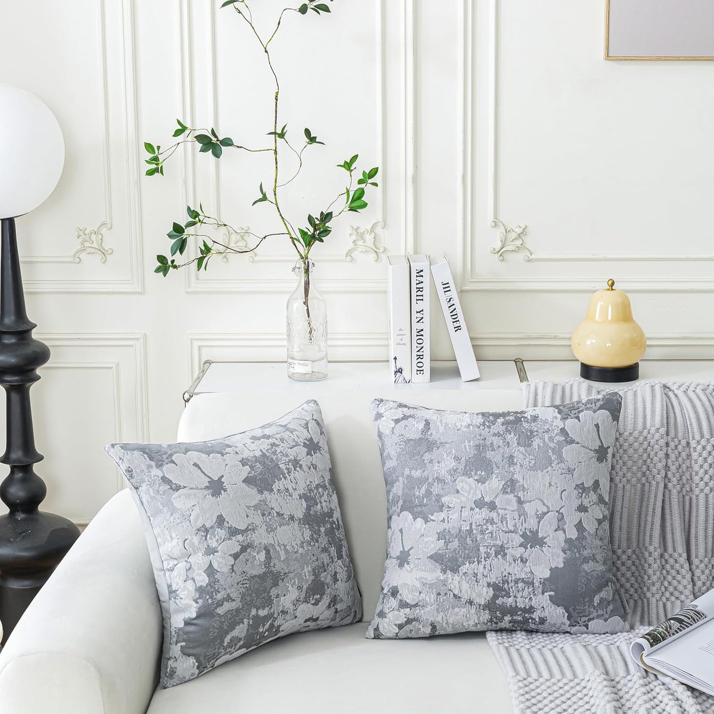 Jacquard Throw Pillow Covers 18x18 Inch Set of 2 - Vintage Floral Boho Pillow Cases with Botanical Pattern | Farmhouse Decor for Couch Living Room | Soft Textured Neutral Trio Slate Gray 18" x 18"