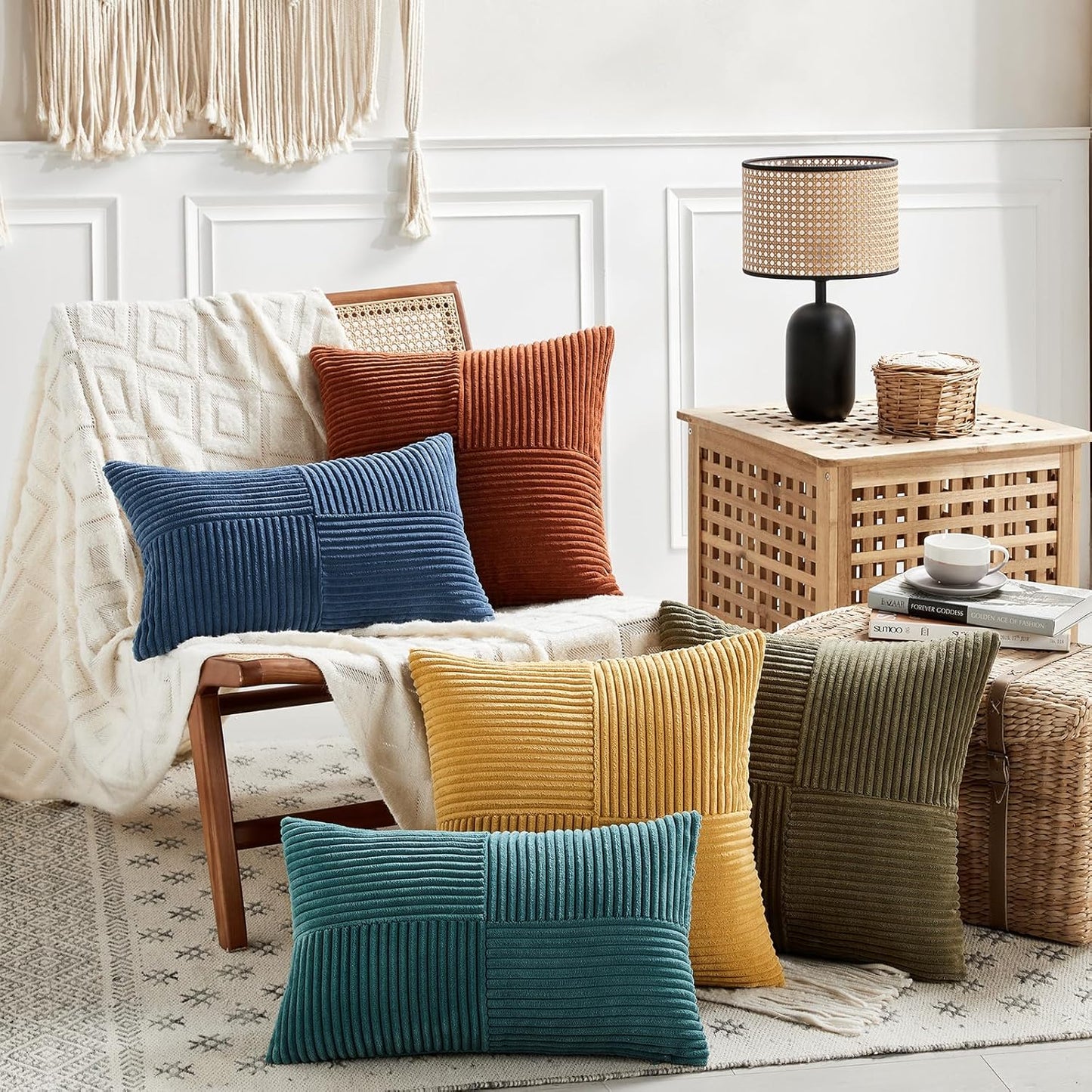 Fancy Homi 2 Packs Olive Green Lumbar Decorative Throw Pillow Covers 12x20 Inch for Living Room Couch Bed, Farmhouse Boho Home Decor, Soft Striped Corduroy Rectangle Accent Cushion Case 30x50 cm