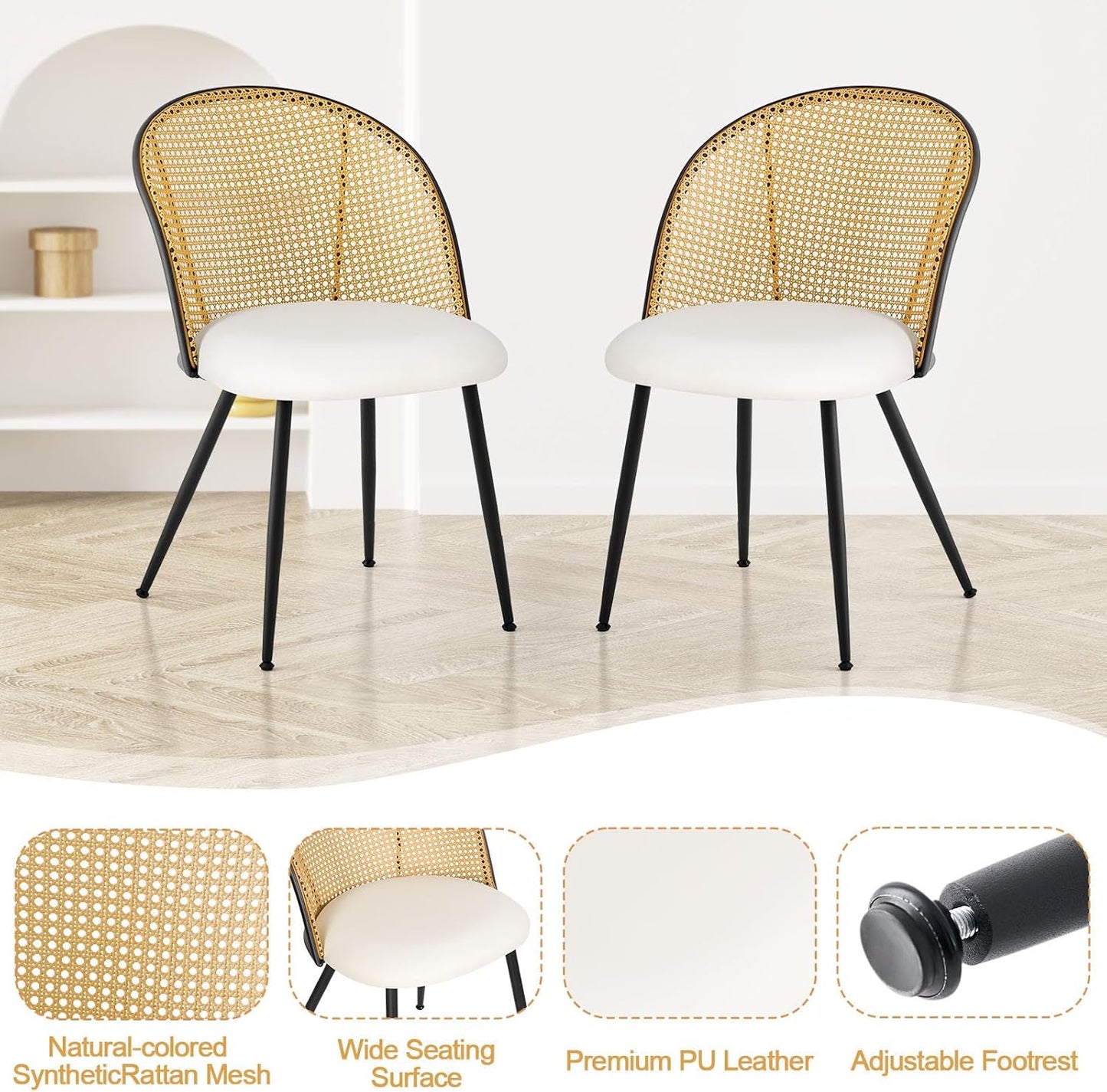Dining Chairs Set of 4, Mid Century Modern Dining Room Chairs with Full Rattan Back, Faux Leather Kitchen Dining Chairs Farmhouse Armless Mesh Cane Back Side Chairs with Metal Legs, White
