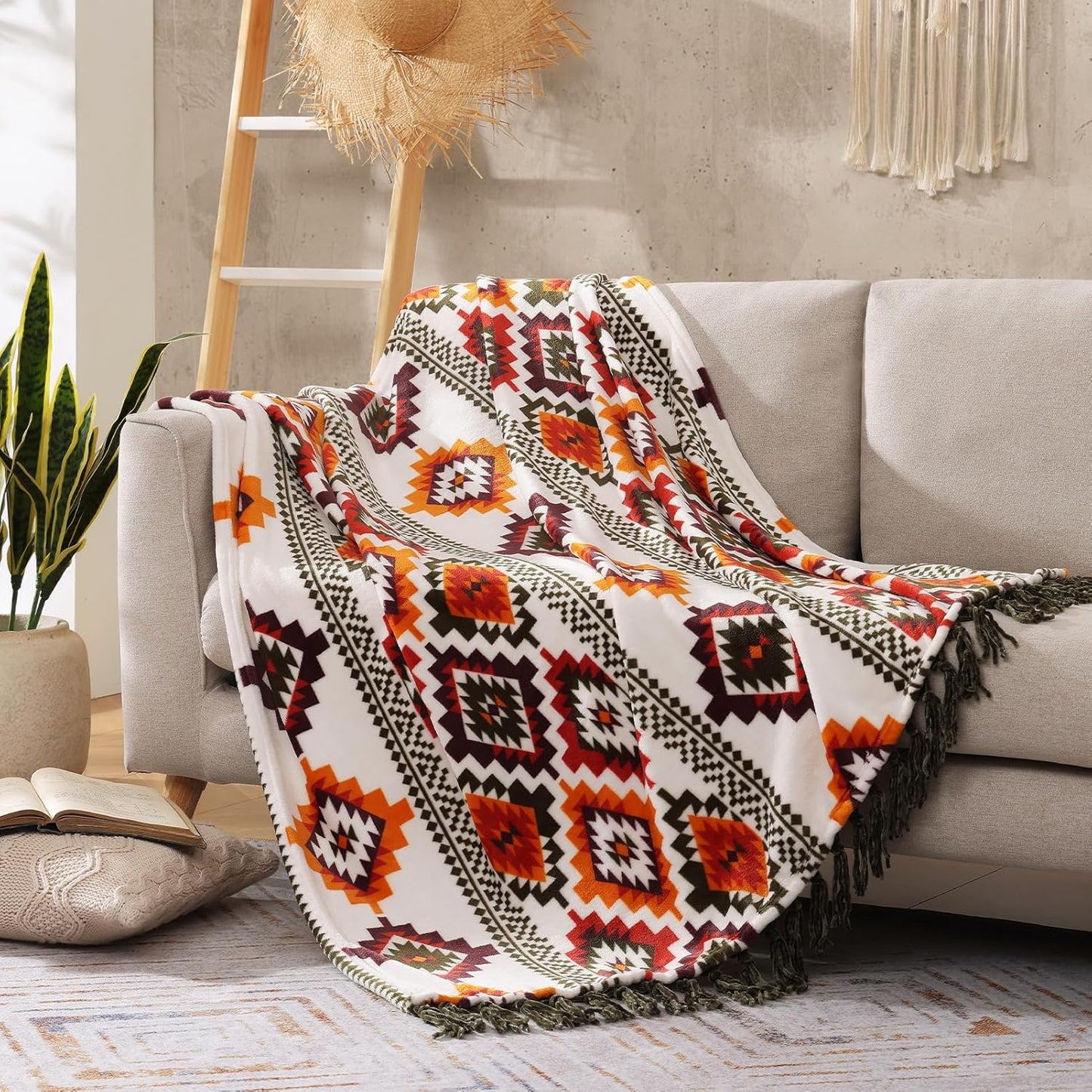 CASAAGUSTO Boho Throw Blanket - Orange and Green Decorative Blankets with Tassel, Printed Flannel Bohemian Blanket for Chair, Bed, Sofa, Couch(50 * 60, Orange and Green)